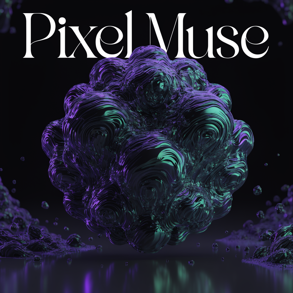 Beautiful digital typography sang Pixel Muse in a futuristic ethereal dark theme with green and purple accents style for an AI image generation platform, artificial intelligence software 