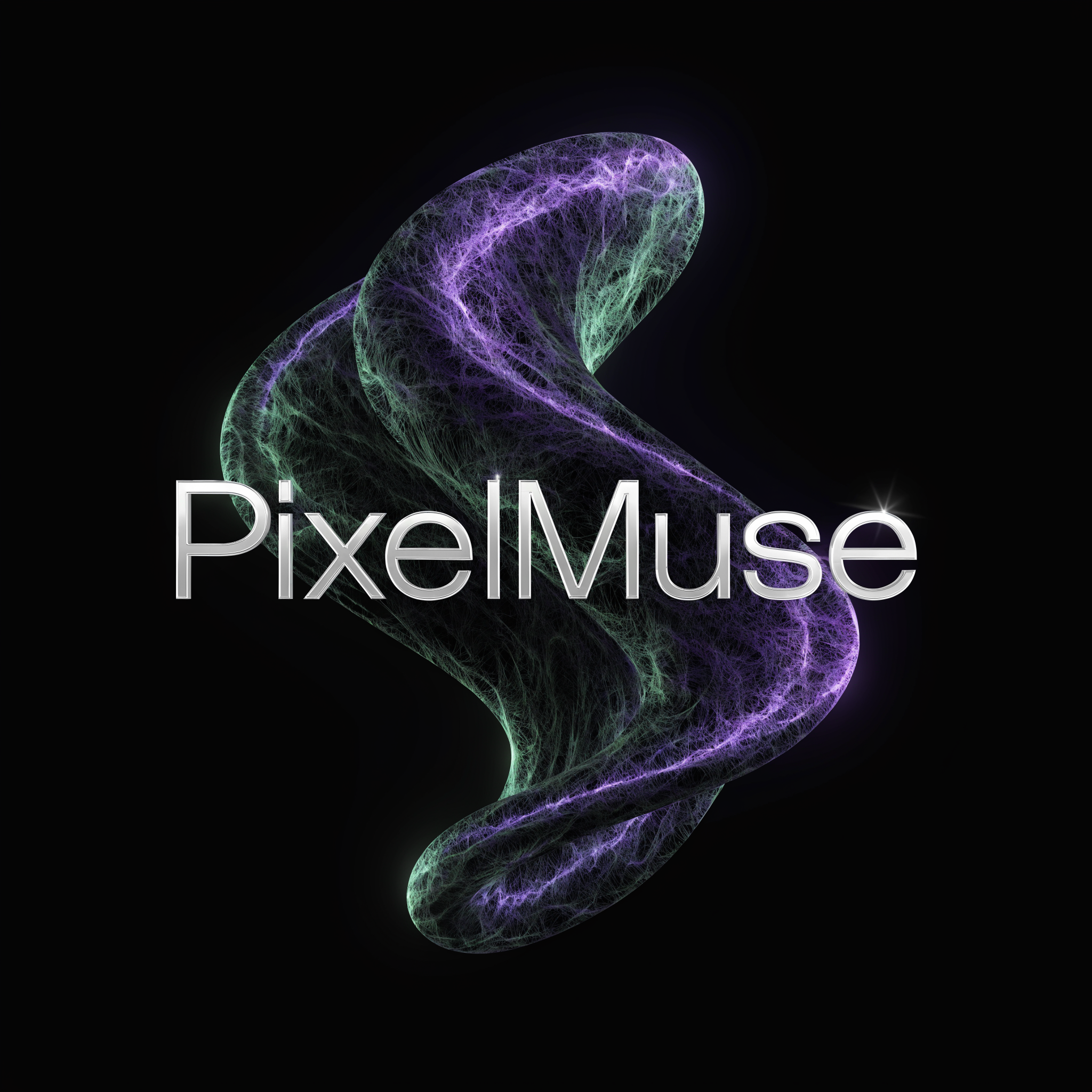 Beautiful digital typography  "PixelMuse" in a futuristic ethereal dark theme with green and purple accents style for an AI image generation platform, artificial intelligence software, black background 