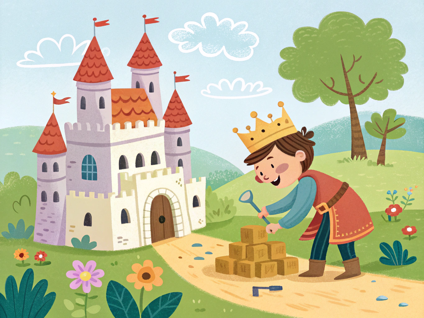 childrens book illustration of a prince pickle building a castle 