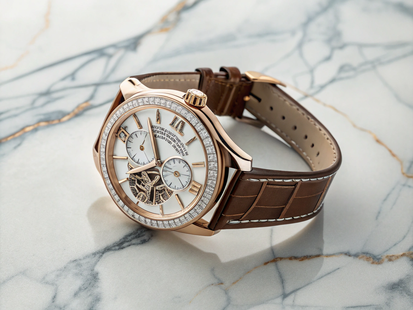 Professional product photograph of a Luxury Watch, Close up on a Marble Surface background, with beautiful studio lighting highlighting the mac zshell unix information dense terminal data visualization , futurism monospace artificial intelligence development environment, commercial quality, studio photography, e-commerce ready