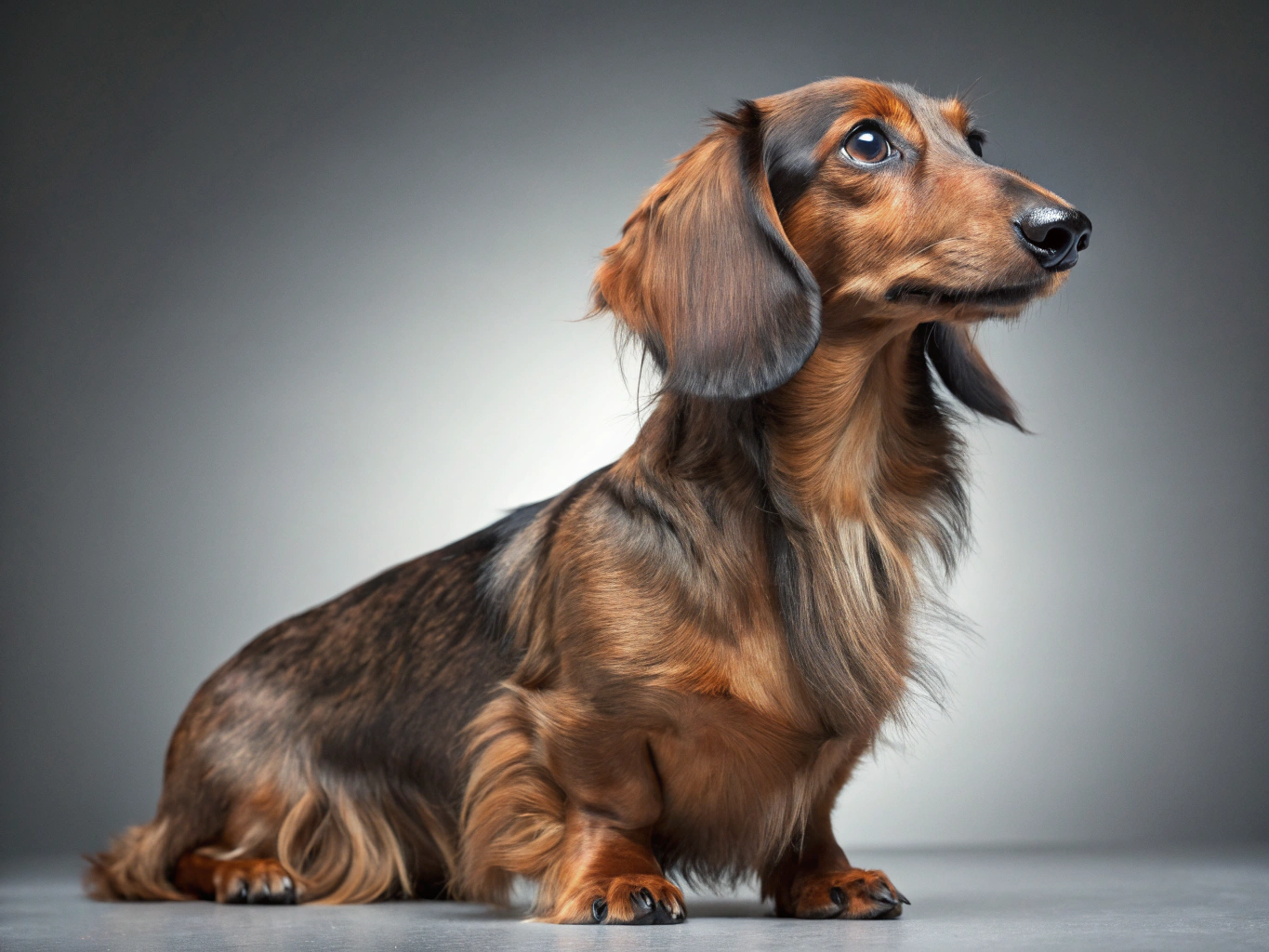 Stylized portrait of a Wiener dog Sitting majestically,  beautiful lighting, detailed fur texture, expressive eyes, Regal expression, professional pet photography