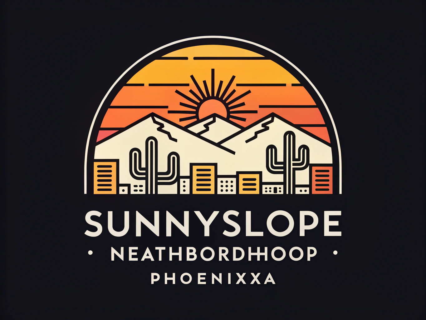 a digital logo for the Sunnyslope Phoenix Arizona Neighborhood, Sonoran Desert Sunlight color scheme, clean lines, enterprise, works at small and big sizes, solid black background no text