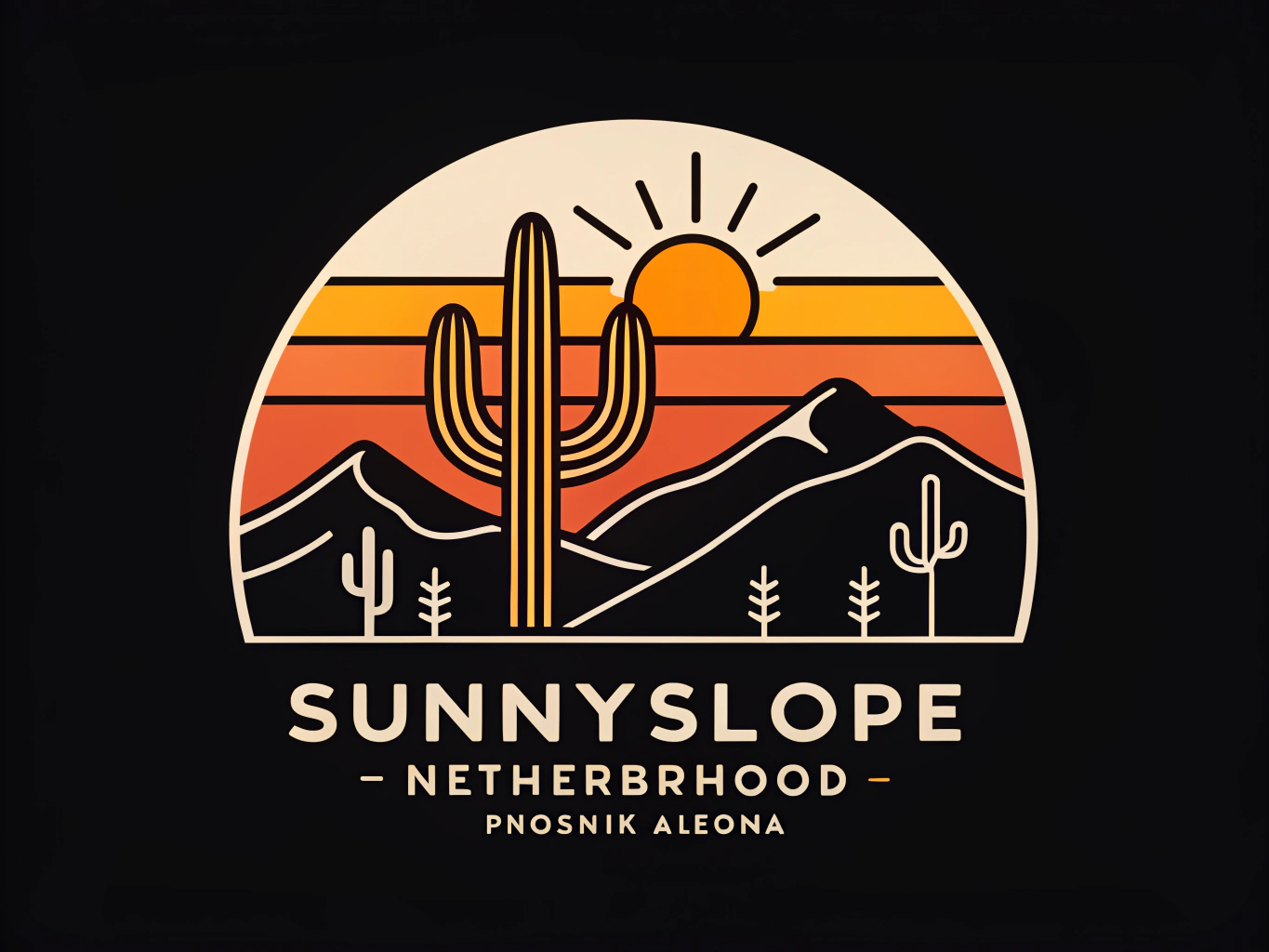 a digital logo for the Sunnyslope Phoenix Arizona Neighborhood, Sonoran Desert Sunlight color scheme, clean lines, enterprise, works at small and big sizes, solid black background no text