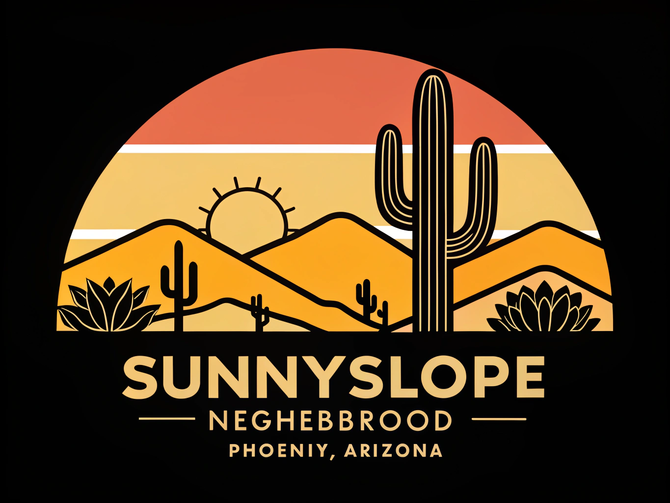 a digital logo for the Sunnyslope Phoenix Arizona Neighborhood, Sonoran Desert Sunlight color scheme, clean lines, enterprise, works at small and big sizes, solid black background no text