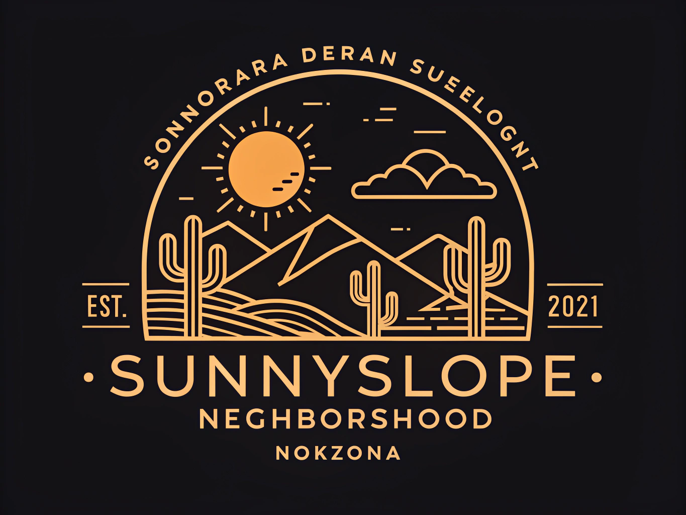a digital logo for the Sunnyslope Phoenix Arizona Neighborhood, Sonoran Desert Sunlight color scheme, clean lines, works at small and big sizes, solid black background, no text