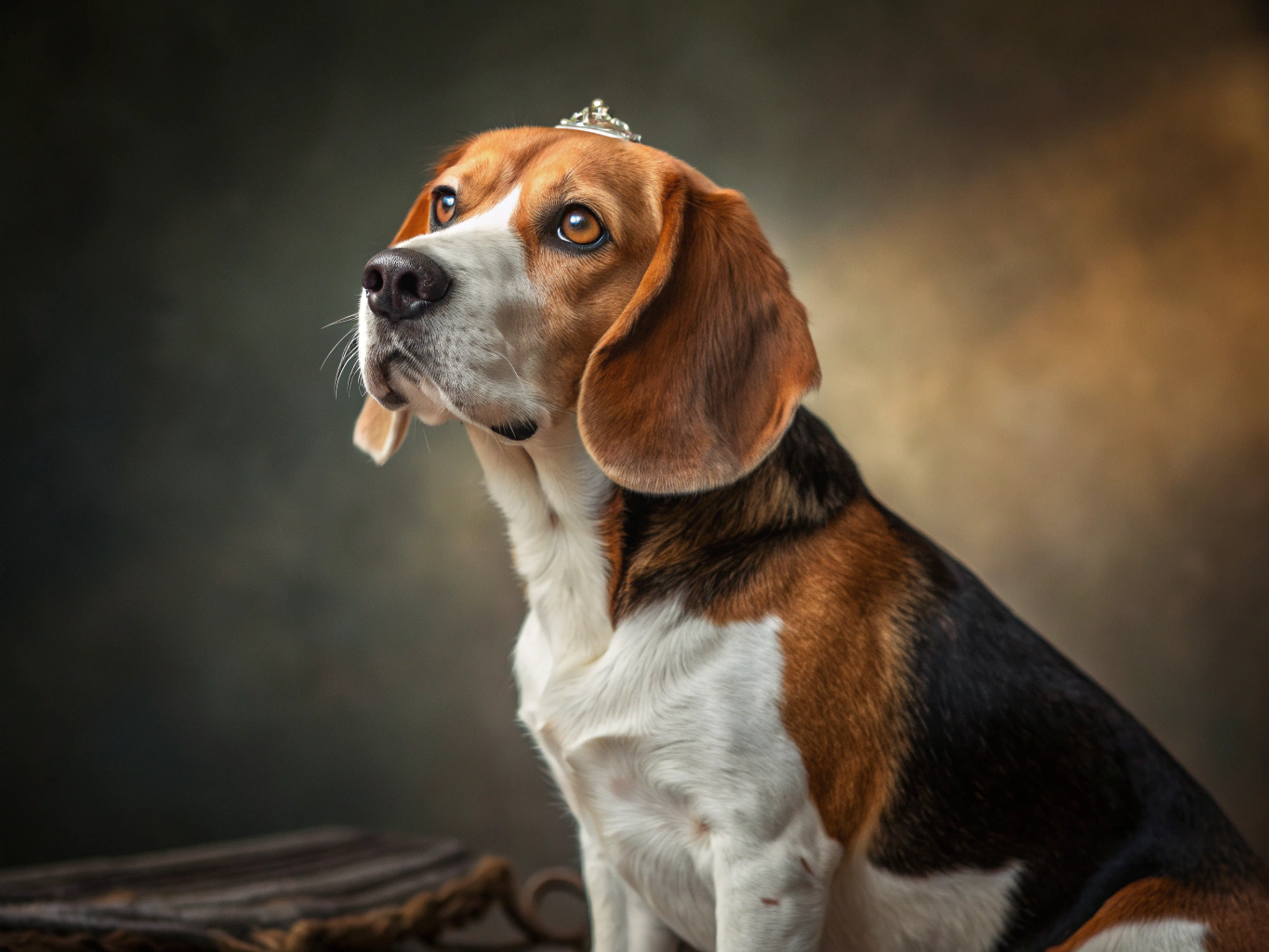 Stylized portrait of a Beagle Sitting majestically,  beautiful lighting, detailed fur texture, expressive eyes, Regal expression, professional pet photography