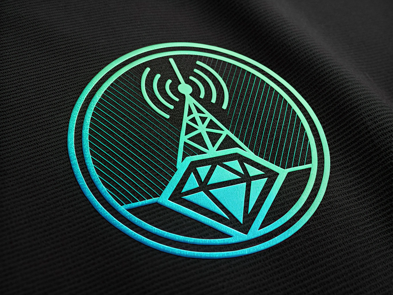 a digital logo for a futuristic radio engineering and crypto mining organization}, futuristic and optimistic color scheme, clean lines, enterprise, works at small and big sizes, solid black background no text