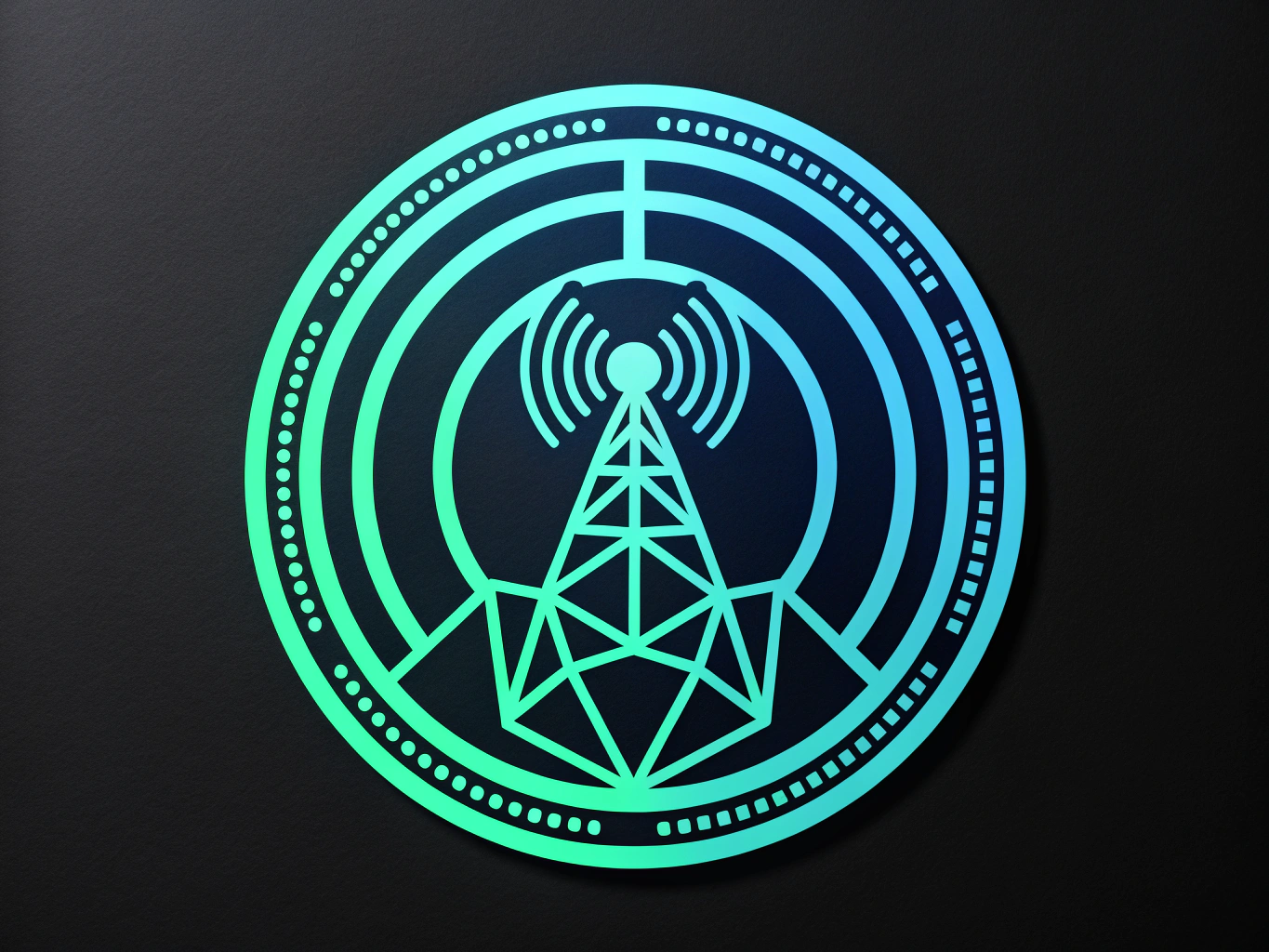 a digital logo for a futuristic radio engineering and crypto mining organization}, futuristic and optimistic color scheme, clean lines, enterprise, works at small and big sizes, solid black background no text