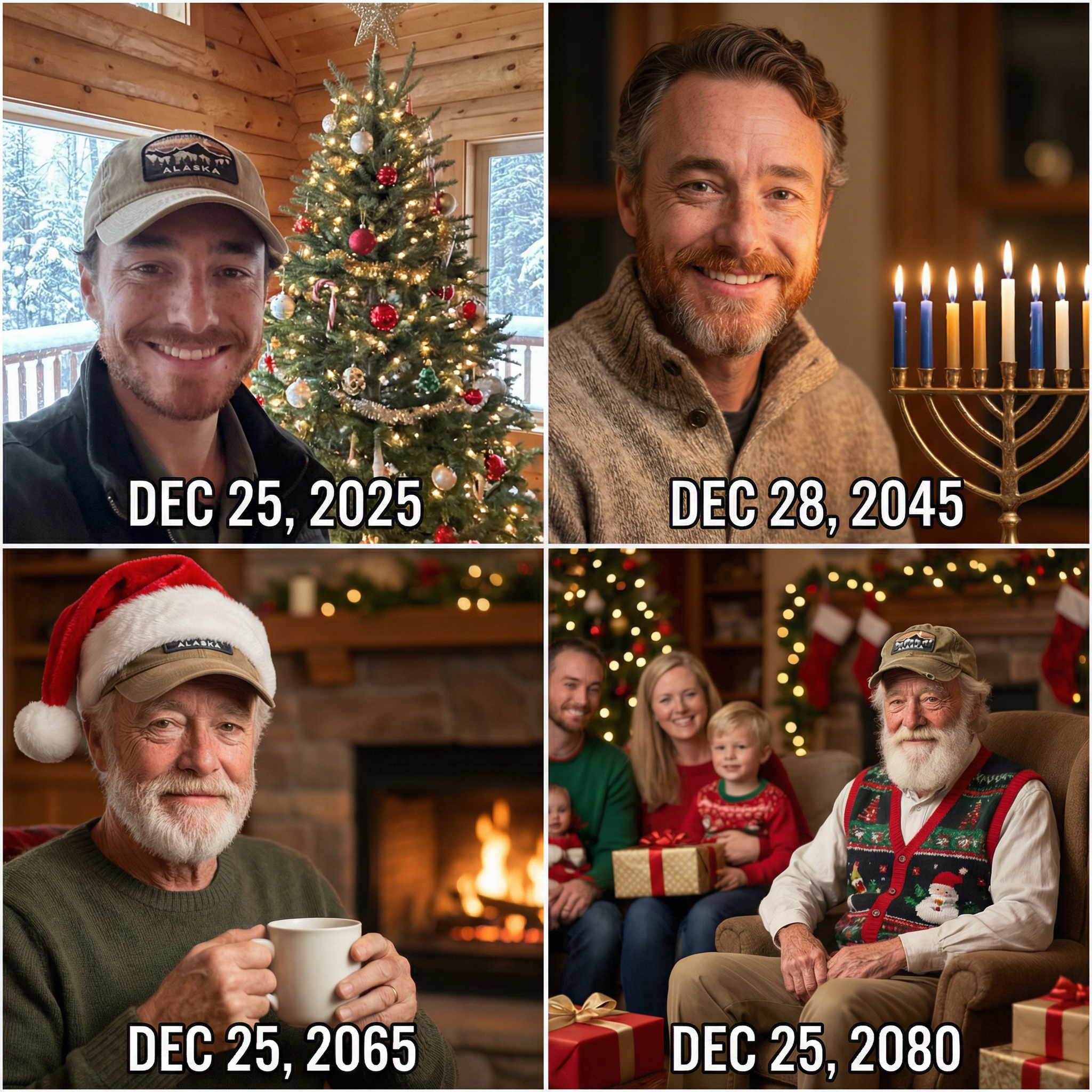 "Generate the holiday photo of this person through the ages up to 80 years old"