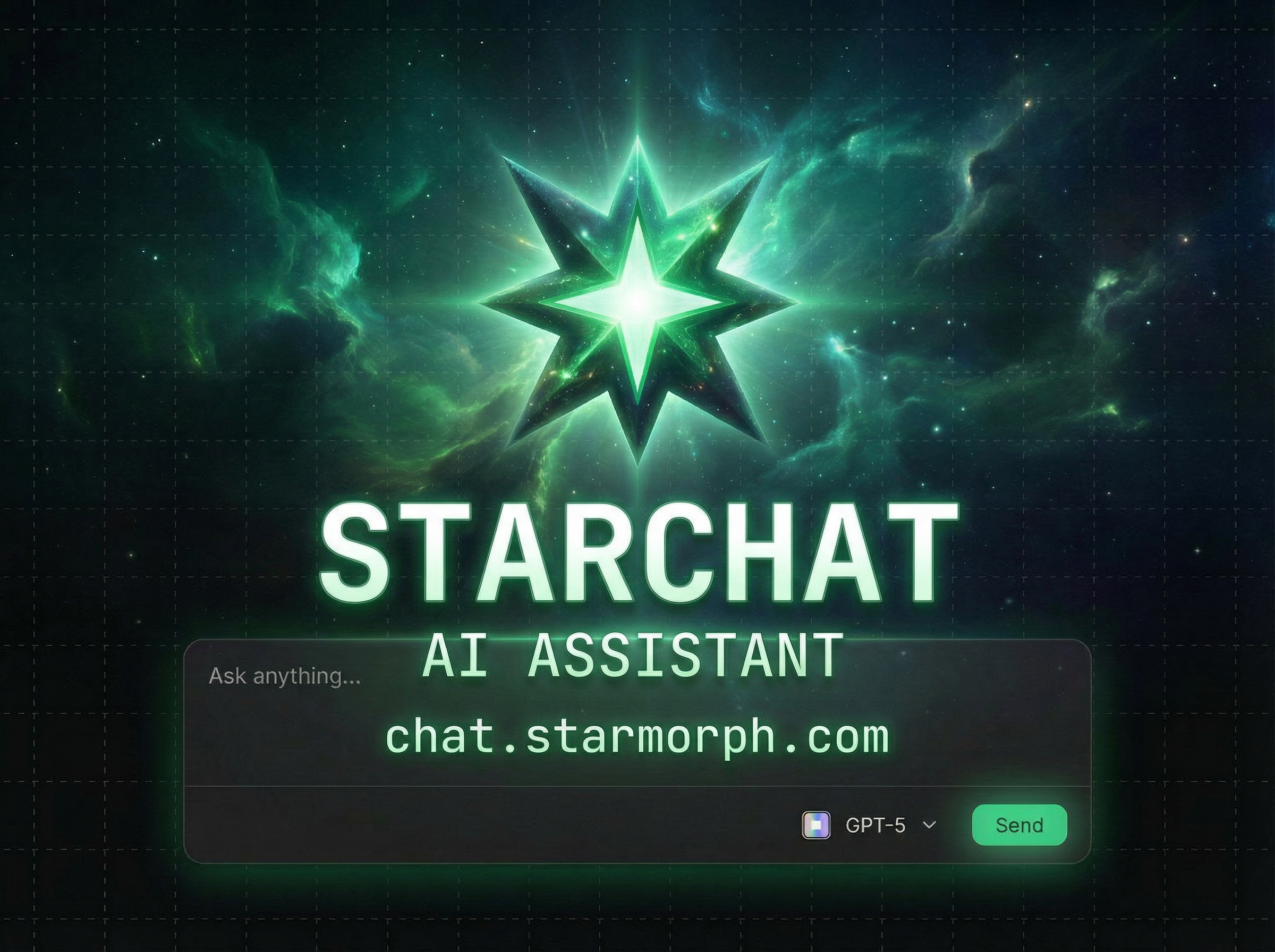 recreate this image but remove welcome to so it just says starchat. use a monospace font. add a subtitle - AI Assistant and a monospaced font that says the url which is chat.starmorph.com 