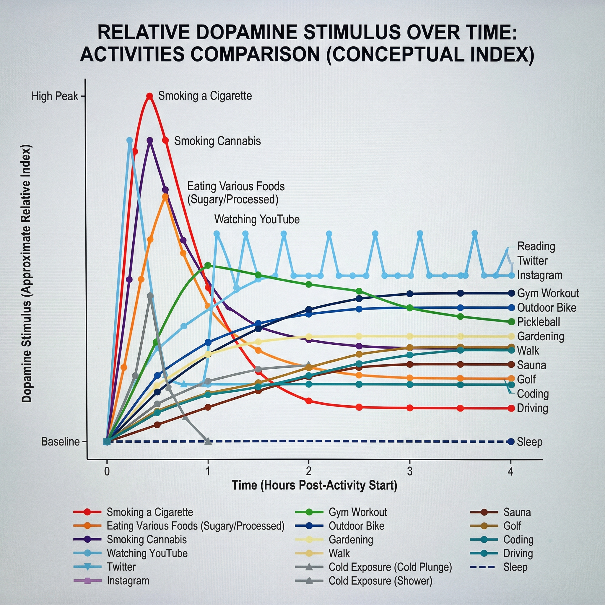 please make a multi line chart that graphs dopamine stimulus over time from different activities both healthy and unhealthy so I can see a comparison similar to a glycemic index forfood but for dopamine and activities. include: sauna, walk, gym, outdoor bike, cold exposure (shower), cold exposure (cold plunge), meditation, smoking a cigarette, smoking cannabis, gardening, reading, watching netflix, golf, pickleball, coding, watching youtube, twitter, instagram, driving, sleep, eating various foods