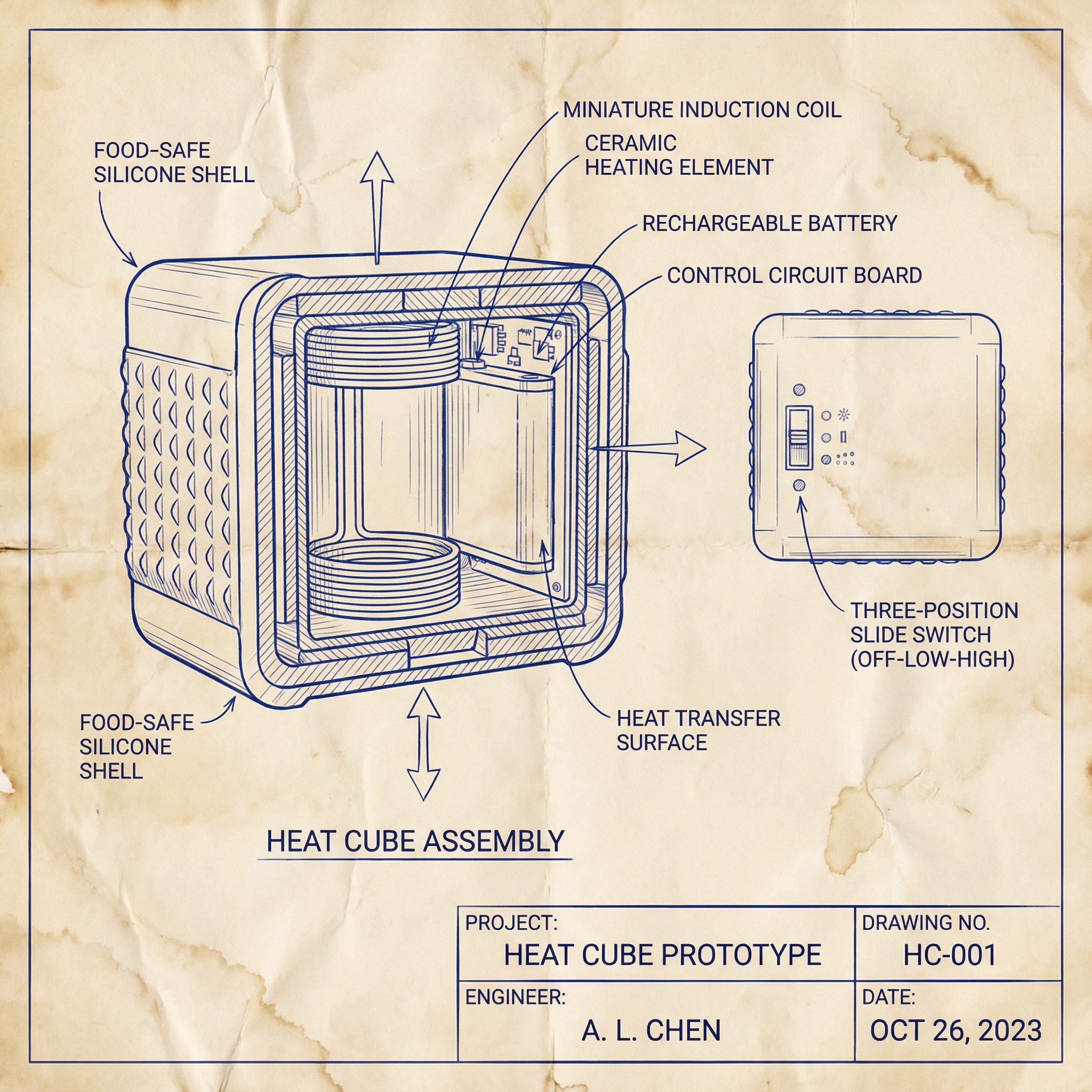 draw a mechanical engineering invention blueprint prototype for a "heat cube" which has the UX of an ice cube, but instead of cooling the drink, it heats it up through a touch and food safe heating mechanism. i am picturing a silicon rubbery outside perhaps with a small switch for different termperatures on off low high