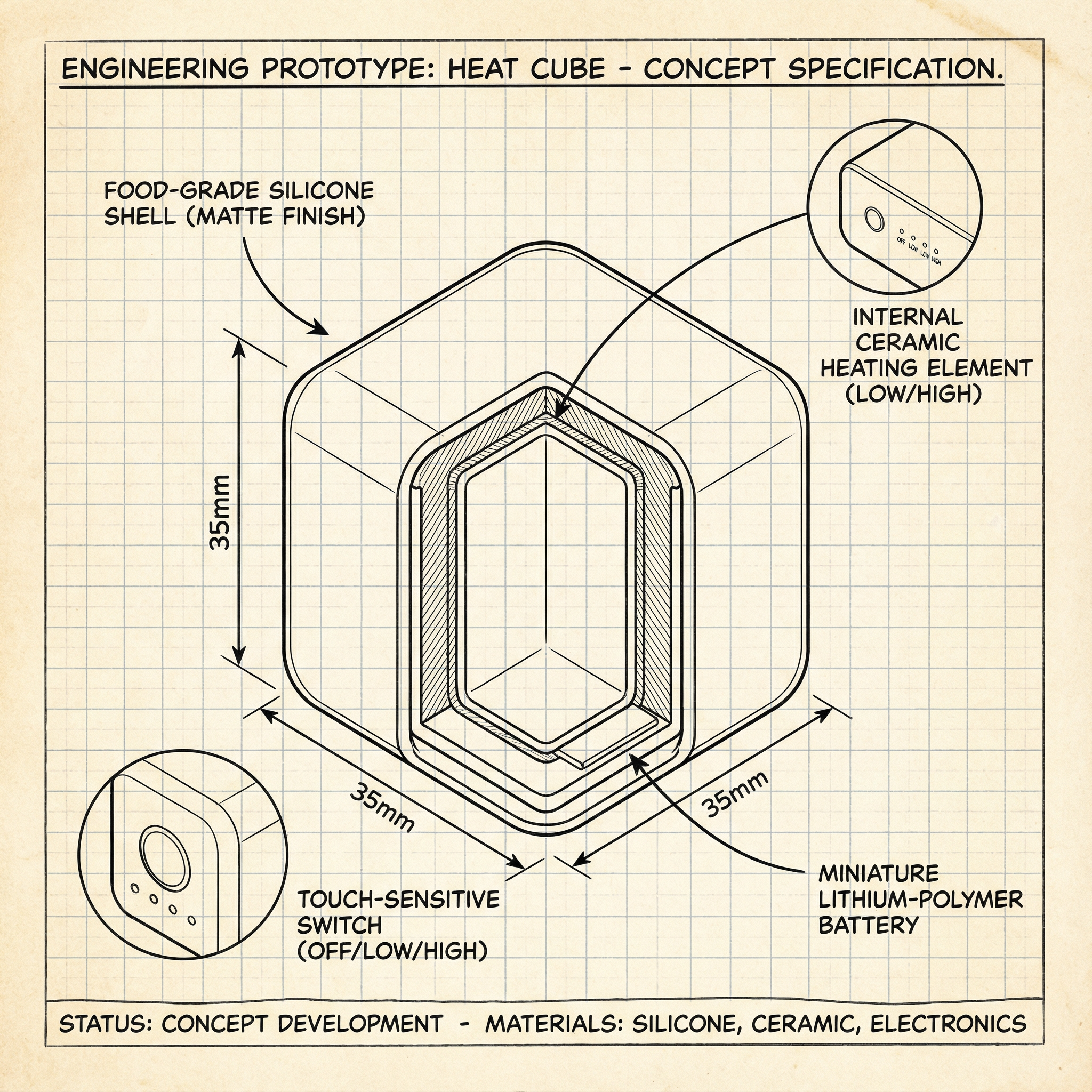 draw a engineering prototype design illustration / specification with measurements and materials for m,anufacturing for a "heat cube" which has the UX of an ice cube, but instead of cooling the drink, it heats it up through a touch and food safe heating mechanism. i am picturing a silicon rubbery outside perhaps with a small switch for different termperatures on off low high