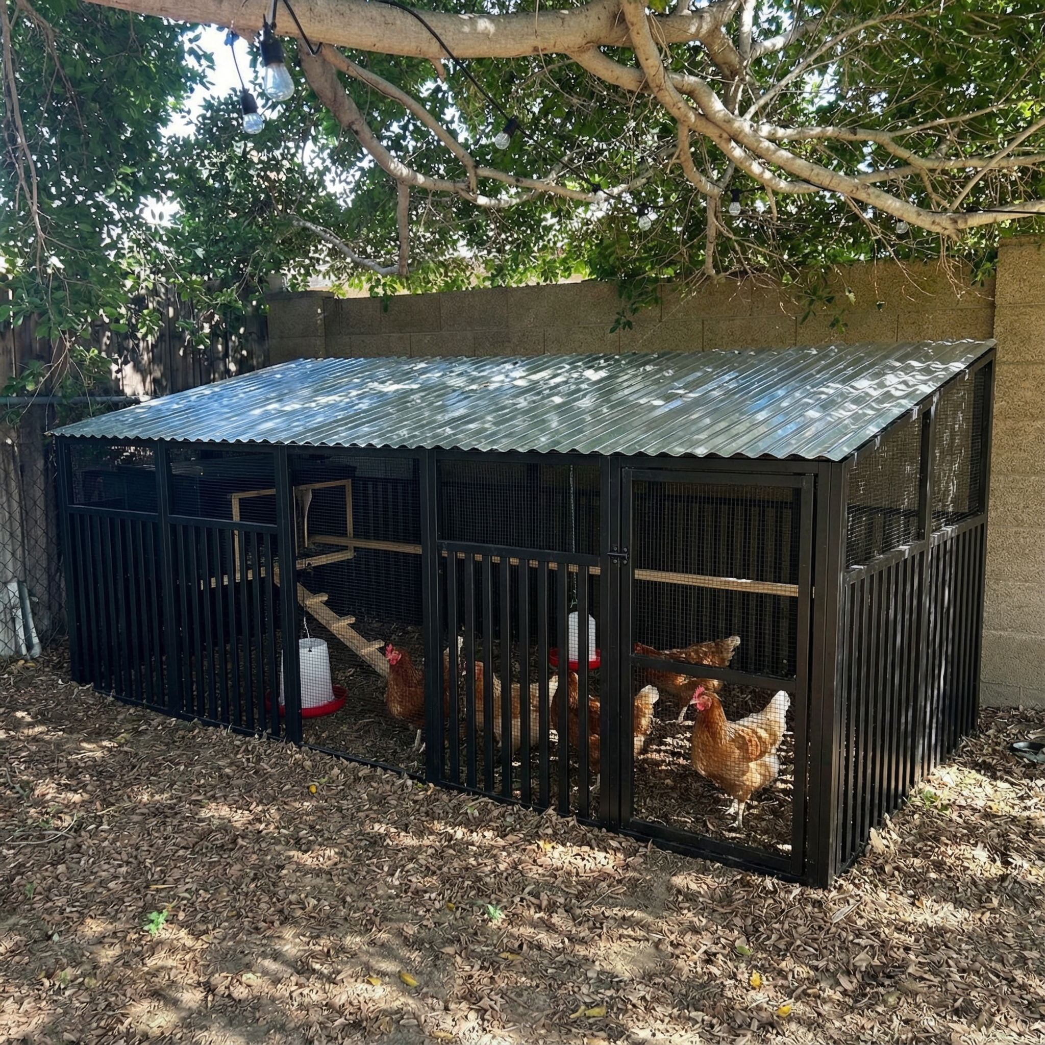 edit this image to remove the pallet fencing and place a chicken coop in this space which is constructed of 4 ft. H x 12 ft. x 6ft W Black Aluminum Pre-Assembled Flat Top Spaced Picket Fence Panel black with black 1/2 hardware cloth on top of the fencing, and silver steel galvanized sheet roofing make a door gate in the coop. please draw the coop so it has all the needed structures and utilities for up to 6 hens and put 6month to 1 year old hens in the coop