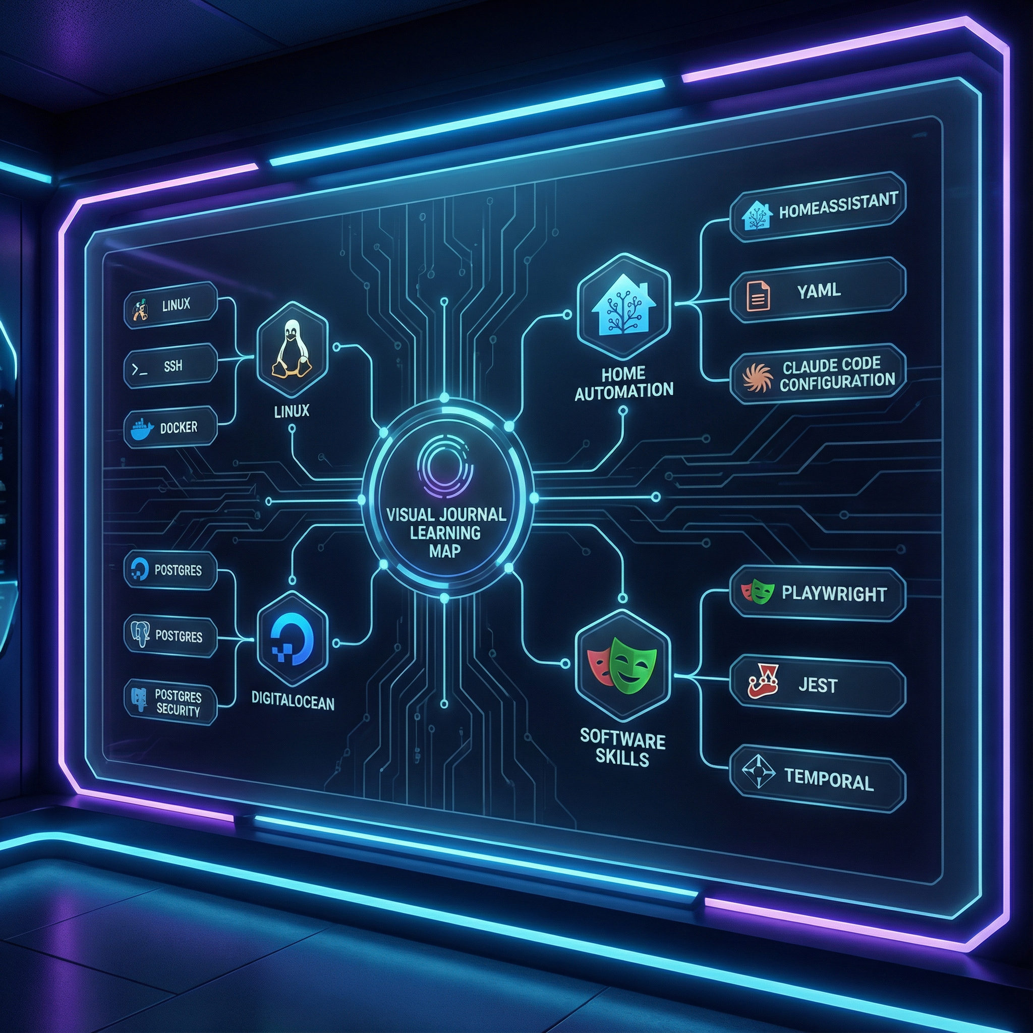 make a futuristic software homelab aesthetic flowchart diagram representing a board of software logos of skills and tools I want to learn as a visual journal learning map. Include the following tools/ skills: ssh, playwright, docker, linux, homeassitant, yaml, claude code configuration, jest, temporal, digitalocean, postgres, postgres security, home automation, dark theme
