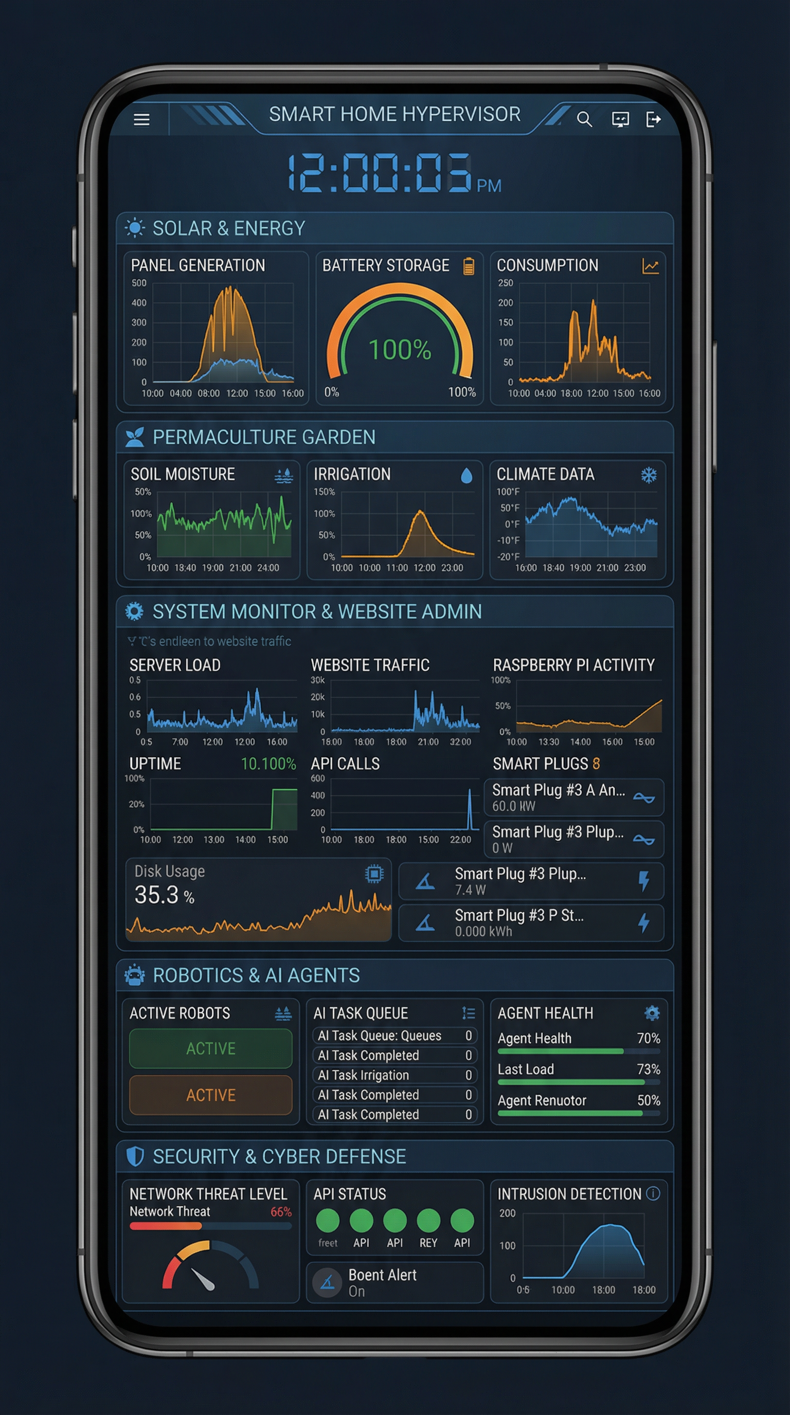 remake this "home dashboard to be a powerful luxury smart home sys admin hypervisor dashboard, futuristic network administration, solar power, permaculture garden, robotics, ai agent, website administration, cybersecurity, api monitoring," but for a mobile screen device instead of a desktop device. 