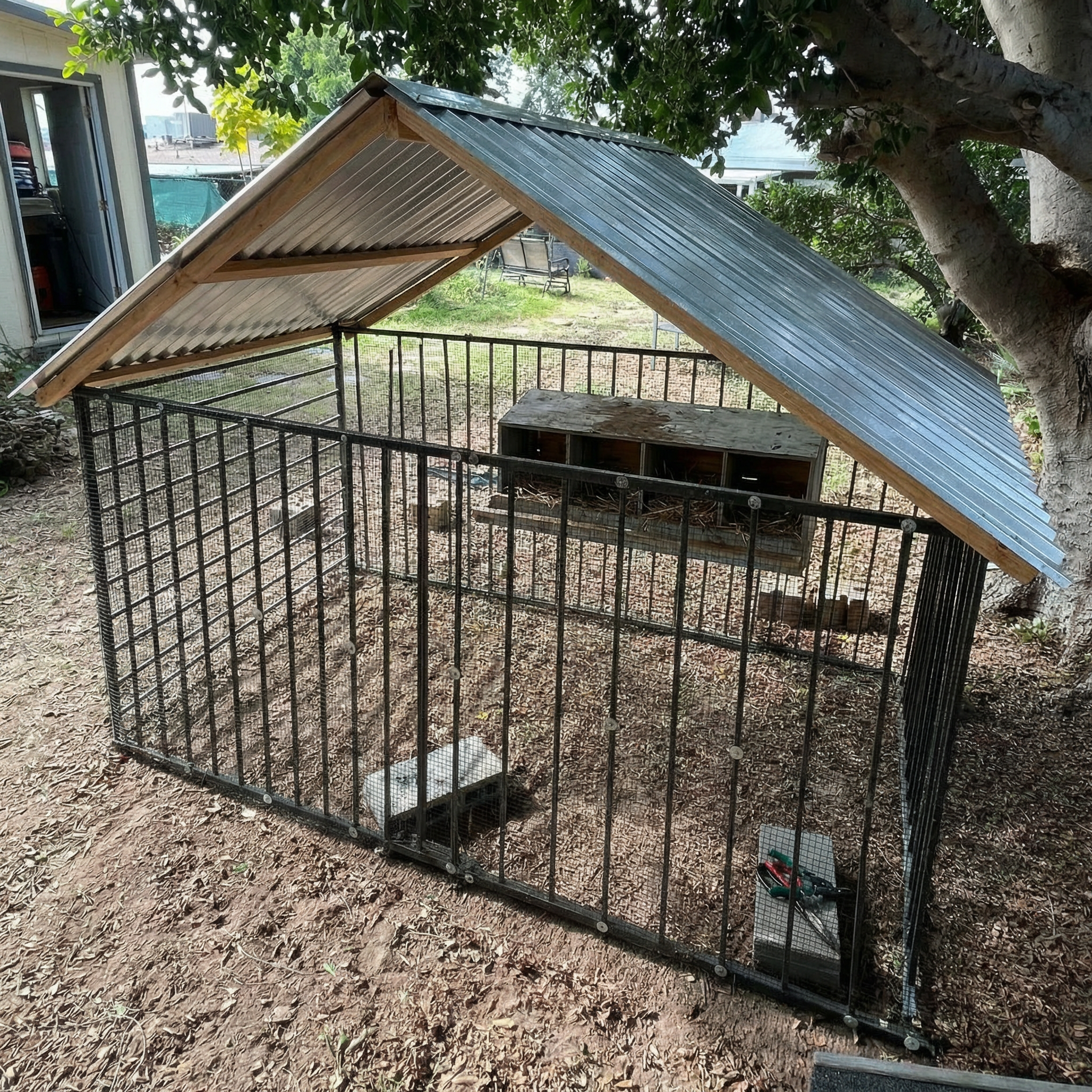 draw a corrugated steel metal roof with the peak in the middle and two angled sides to make this chicken coop look complete. also add a wood nesting box
