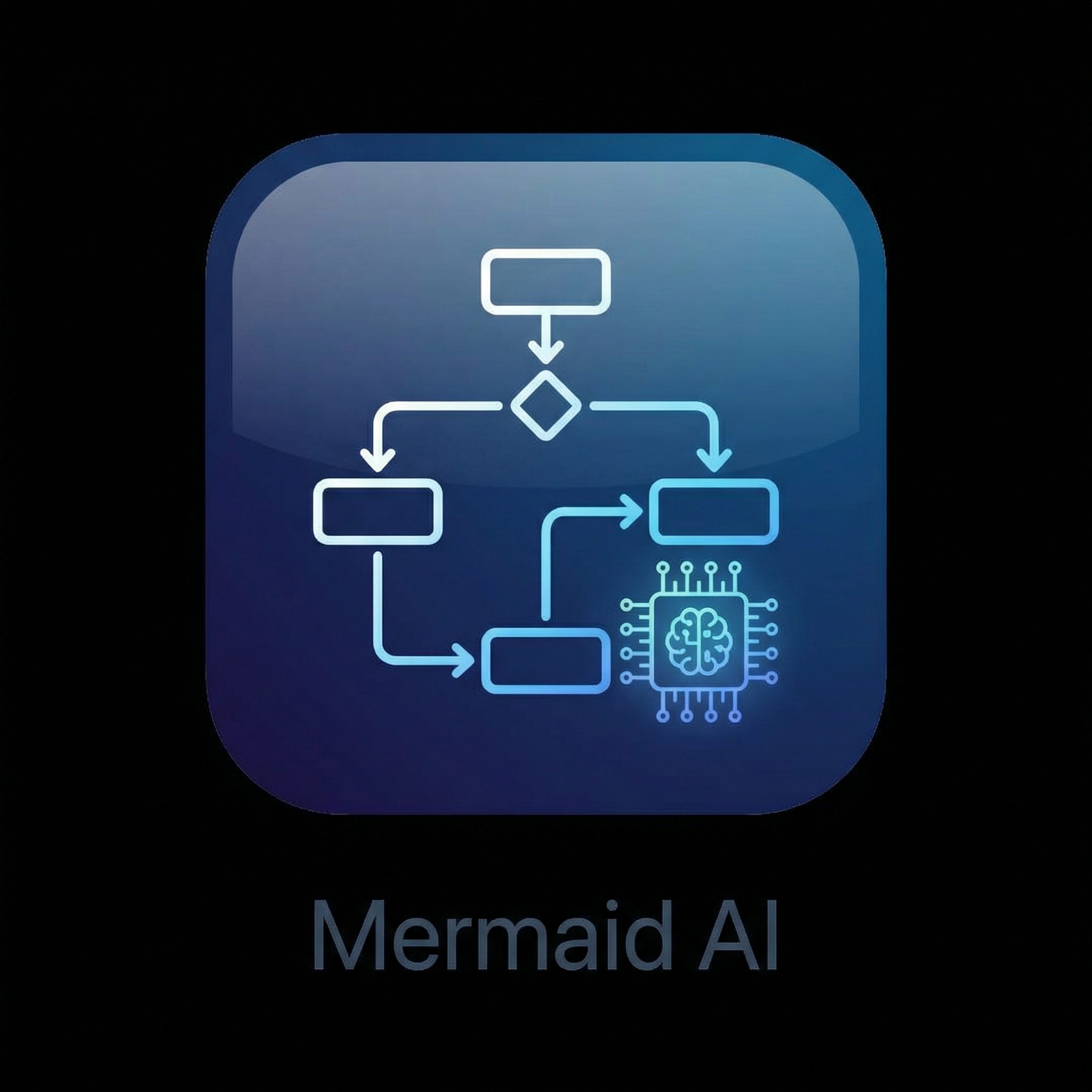 make a ios software icon for an app that draws mermaid diagrams for artificial intelligence software, dark blue IDE theme, black background 