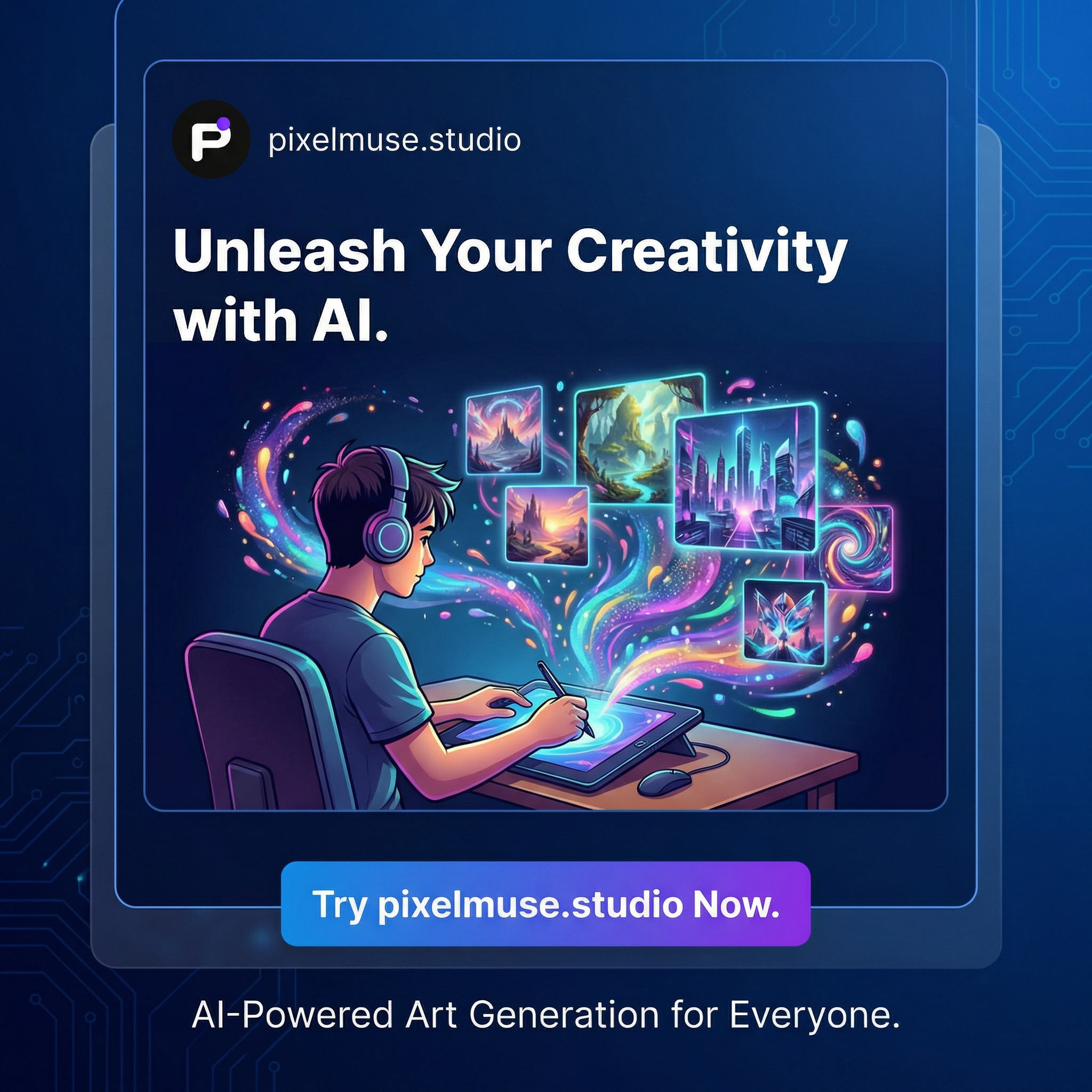 A facebook advertisement for pixelmuse.studio an ai generation platform, logo attached 