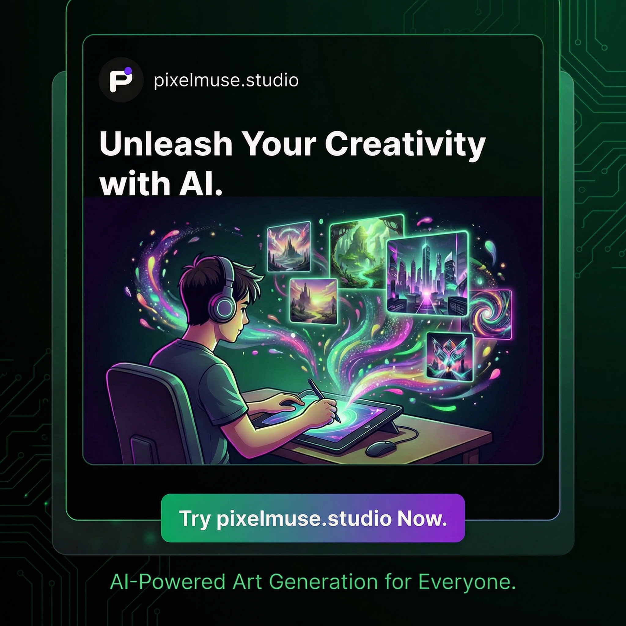 remake this pixelmuse advertisement with closer to our color scheme of black, with green and purple accents