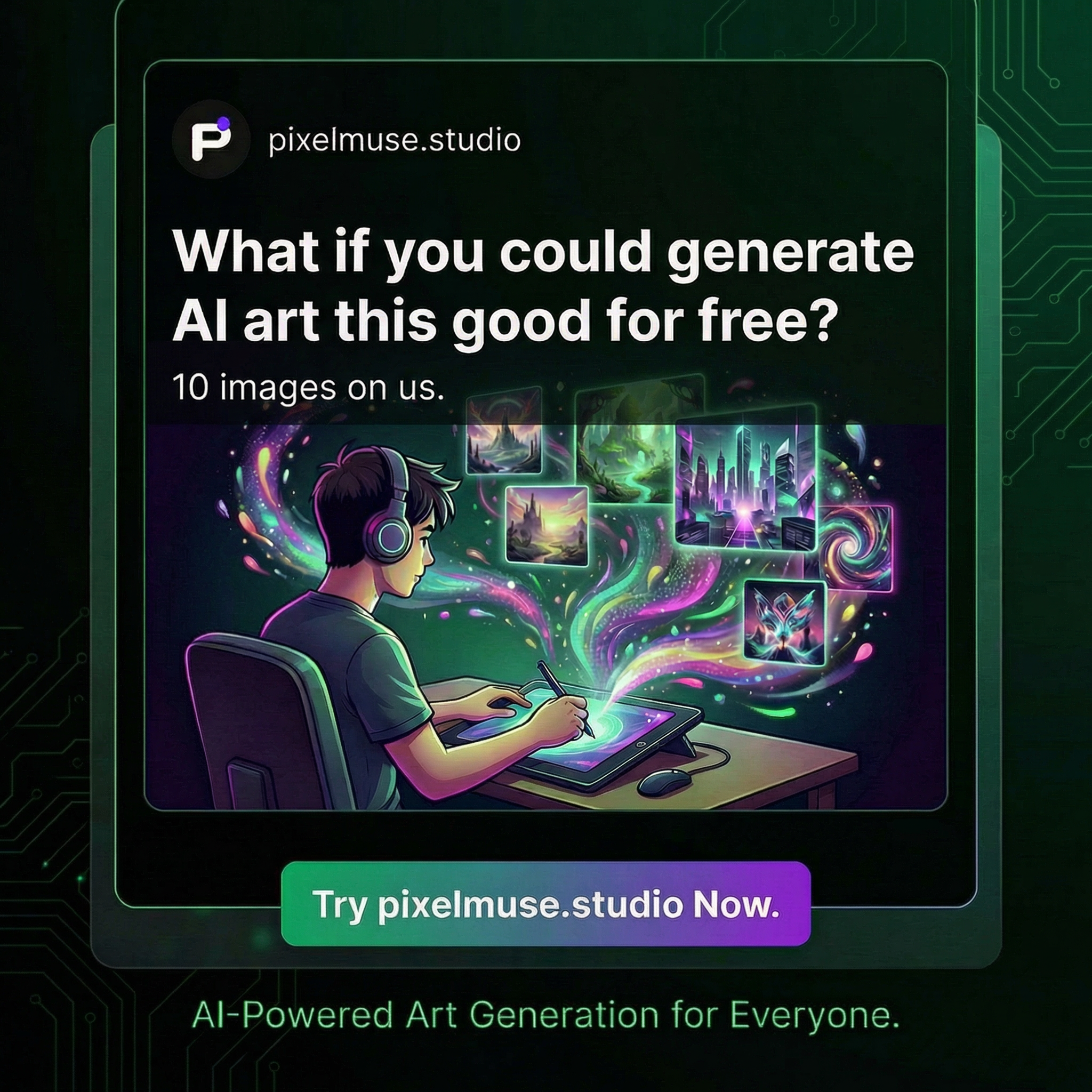make a variation of this pixelmuse advertisement, optimized for twitter ads with this copy "What if you could generate AI art this good for free? 10 images on us."