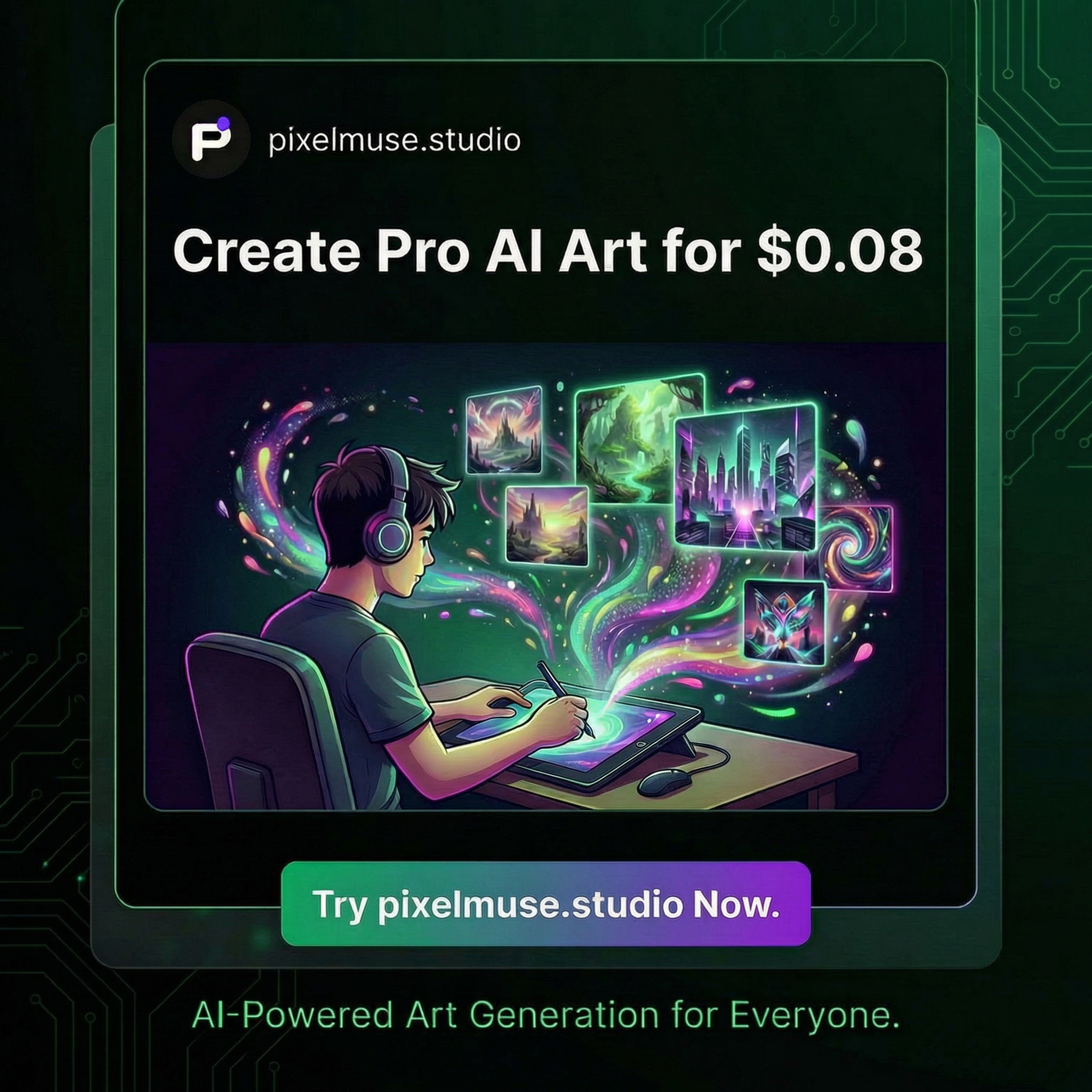 make a variation of this pixelmuse advertisement, optimized for twitter ads with this copy "Create Pro AI Art for $0.08"