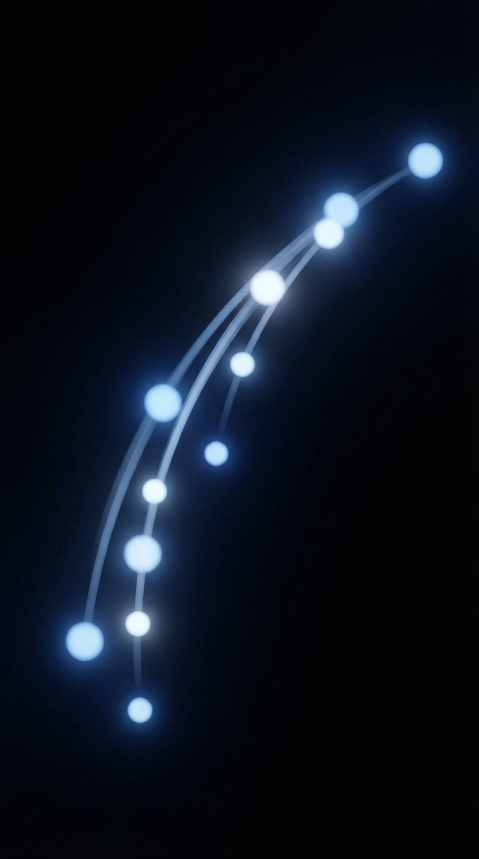 Abstract constellation of interconnected glowing nodes forming an upward curve on a deep
  space black background, soft blue and white light, minimalist, clean lines, iPhone lock
  screen wallpaper, no text