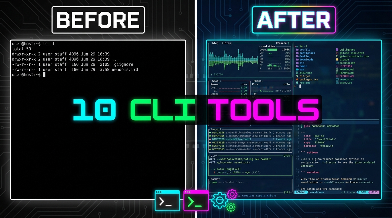   A YouTube thumbnail split vertically. Left side labeled "BEFORE"
  shows a plain, boring black terminal with raw white text. Right     side labeled "AFTER" shows a vibrant terminal with colorful btop
  charts, eza icons, lazygit panels, and glow-rendered markdown.      Bold text across the center reads "10 CLI TOOLS". The contrast
  between dull and vibrant is dramatic. Dark background, neon accent   colors (cyan, green, magenta).