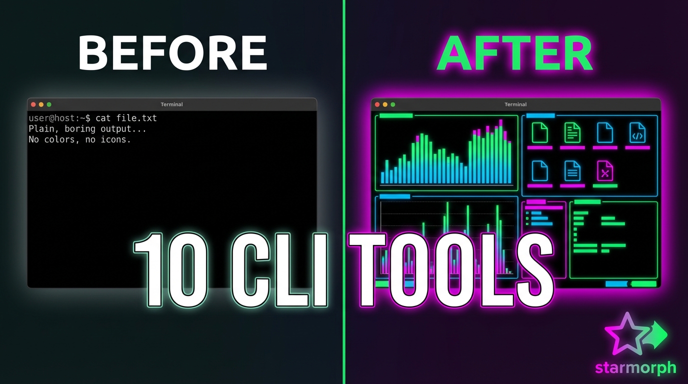   A YouTube thumbnail split vertically. Left side labeled "BEFORE"
  shows a plain, boring black terminal with raw white text. Right     side labeled "AFTER" shows a vibrant terminal with colorful btop
  charts, eza icons, lazygit panels, and glow-rendered markdown.      Bold text across the center reads "10 CLI TOOLS". The contrast
  between dull and vibrant is dramatic. Dark background, neon accent   colors (, green white, magenta). starmorph logo attached 