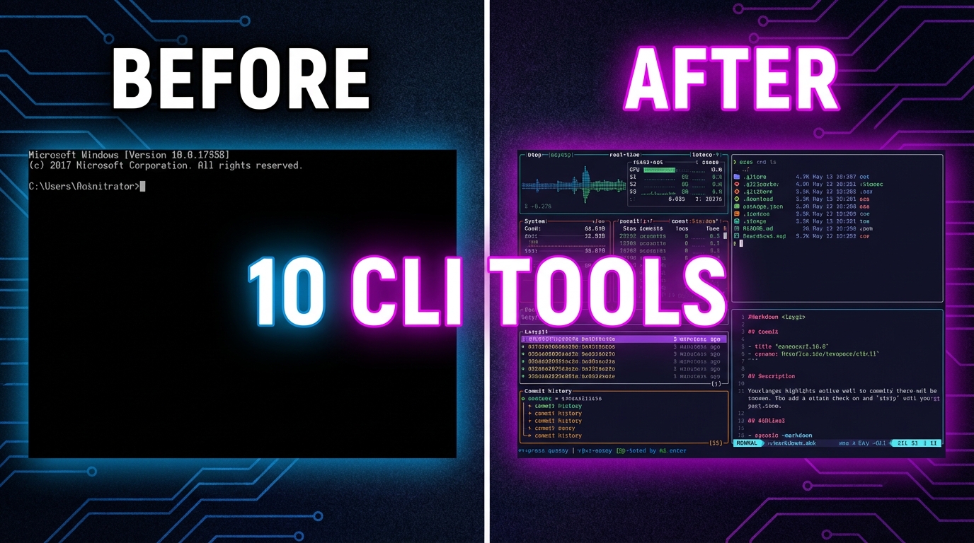   A YouTube thumbnail split vertically. Left side labeled "BEFORE"
  shows a plain, boring black terminal with raw white text. Right     side labeled "AFTER" shows a vibrant terminal with colorful btop
  charts, eza icons, lazygit panels, and glow-rendered markdown.      Bold text across the center reads "10 CLI TOOLS". The contrast
  between dull and vibrant is dramatic. Dark background, neon accent   colors (, green white, magenta).