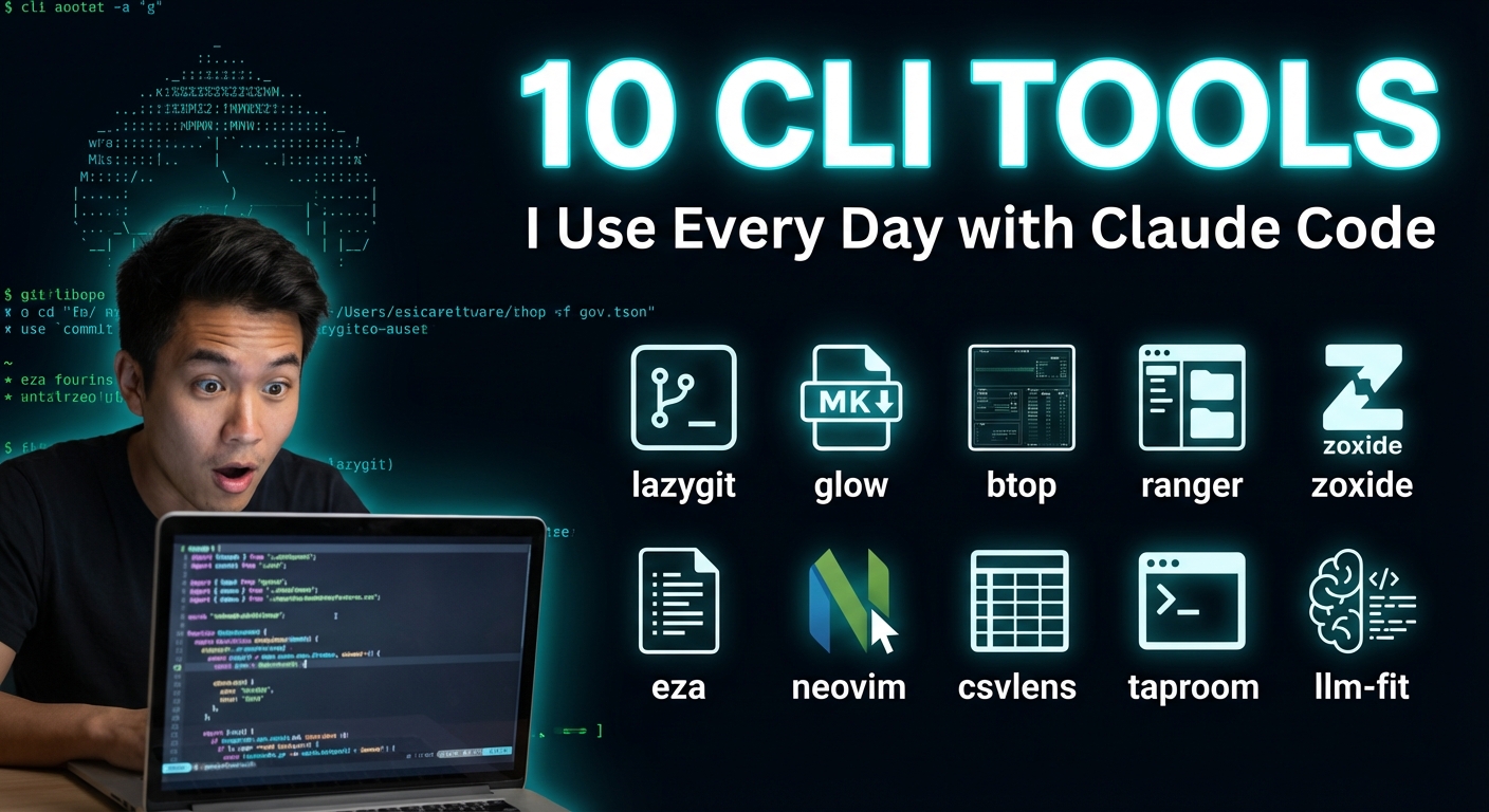  A clean, modern YouTube thumbnail with a dark terminal-themed       background. On the left, a close-up photo of a developer looking
  impressed at their screen. On the right, a 2x5 grid showing 10      small CLI tool icons/logos (lazygit, glow, btop, ranger, zoxide,
  eza, neovim, csvlens, taproom, llm-fit). Large bold text at the     top reads "10 CLI TOOLS" in white with a cyan glow. Smaller text
  below reads "I Use Every Day with Claude Code". Minimalist, high    contrast, tech aesthetic.