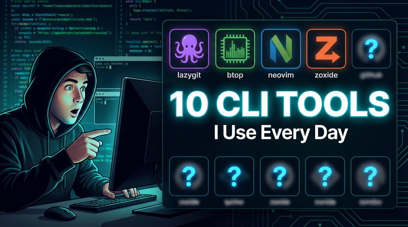  A clean, modern YouTube thumbnail with a dark terminal-themed
  background. On the left, a developer looking impressed at their
  screen. On the right, a grid showing 3-4 clearly visible CLI tool
  icons/logos (lazygit, btop, neovim, zoxide) with the remaining 6
  slots blurred, obscured, or showing glowing "?" marks. Large bold
  text reads "10 CLI TOOLS" in white with a cyan glow. Smaller text
  reads "I Use Every Day". The blurred/hidden tools create a
  curiosity gap. Minimalist, high contrast, tech aesthetic.