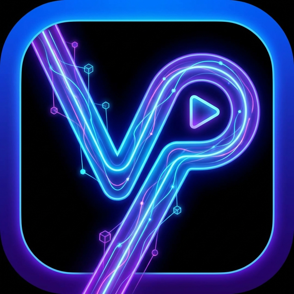 draw an ios software app icon for a futuristic video production pipeline, should work well at small sizes, black background