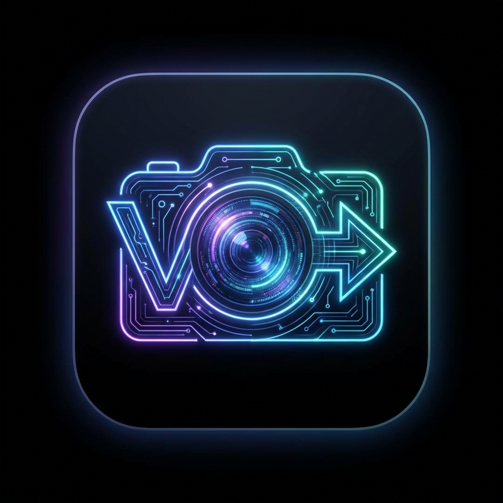 draw an ios software app icon for a futuristic video production pipeline, should work well at small sizes, black background, use a camera as the image