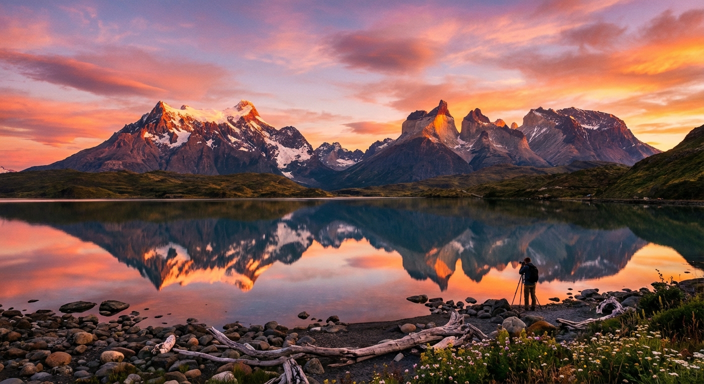 Hyperrealistic landscape with mountains and lake at sunset