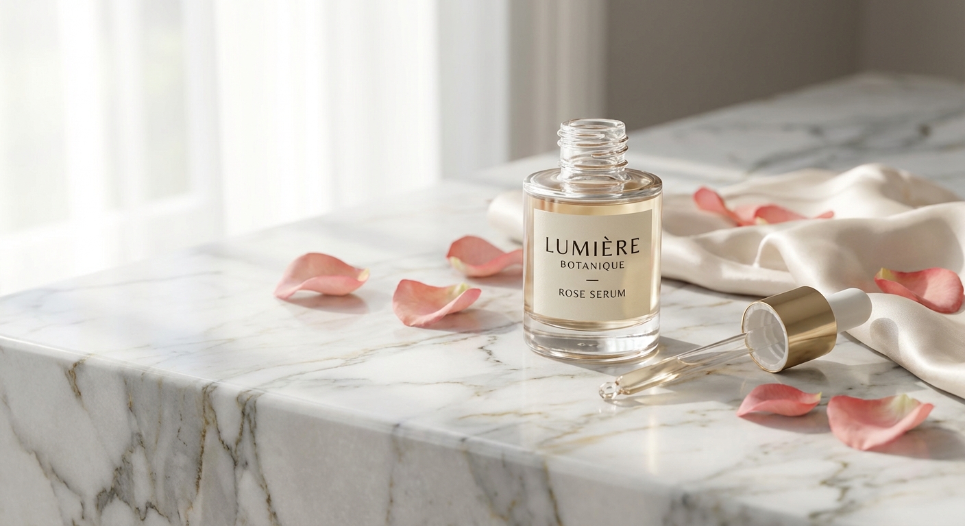 Cosmetic product on marble surface with soft lighting