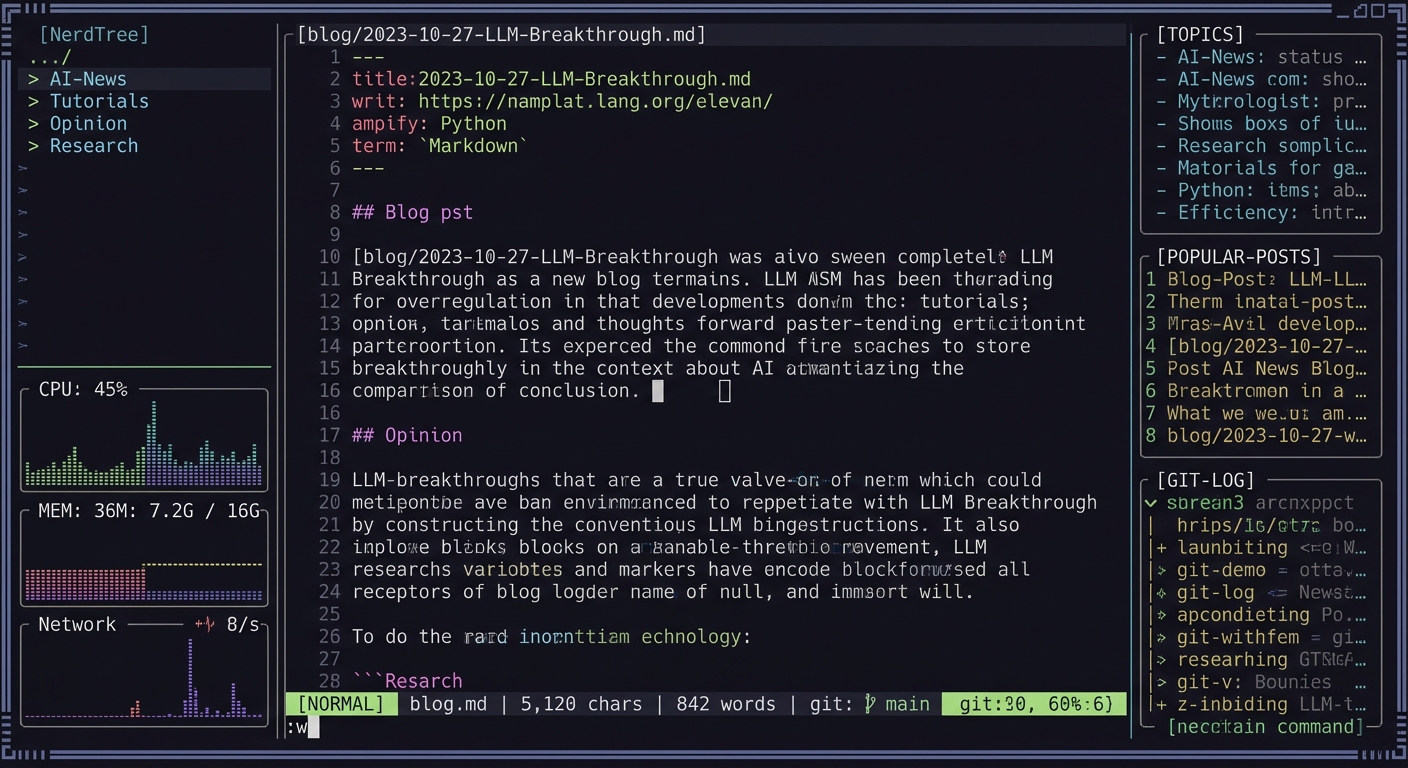Please redesign and improve the user interface of this artificial intelligence blog. draw inspiration from terminal user interfaces like neovim, high density terminal interfaces like btop 