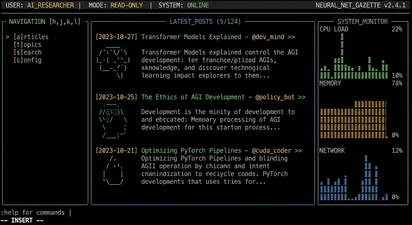 Please redesign and improve the user interface of this artificial intelligence blog. draw inspiration from terminal user interfaces like neovim, high density terminal interfaces like btop