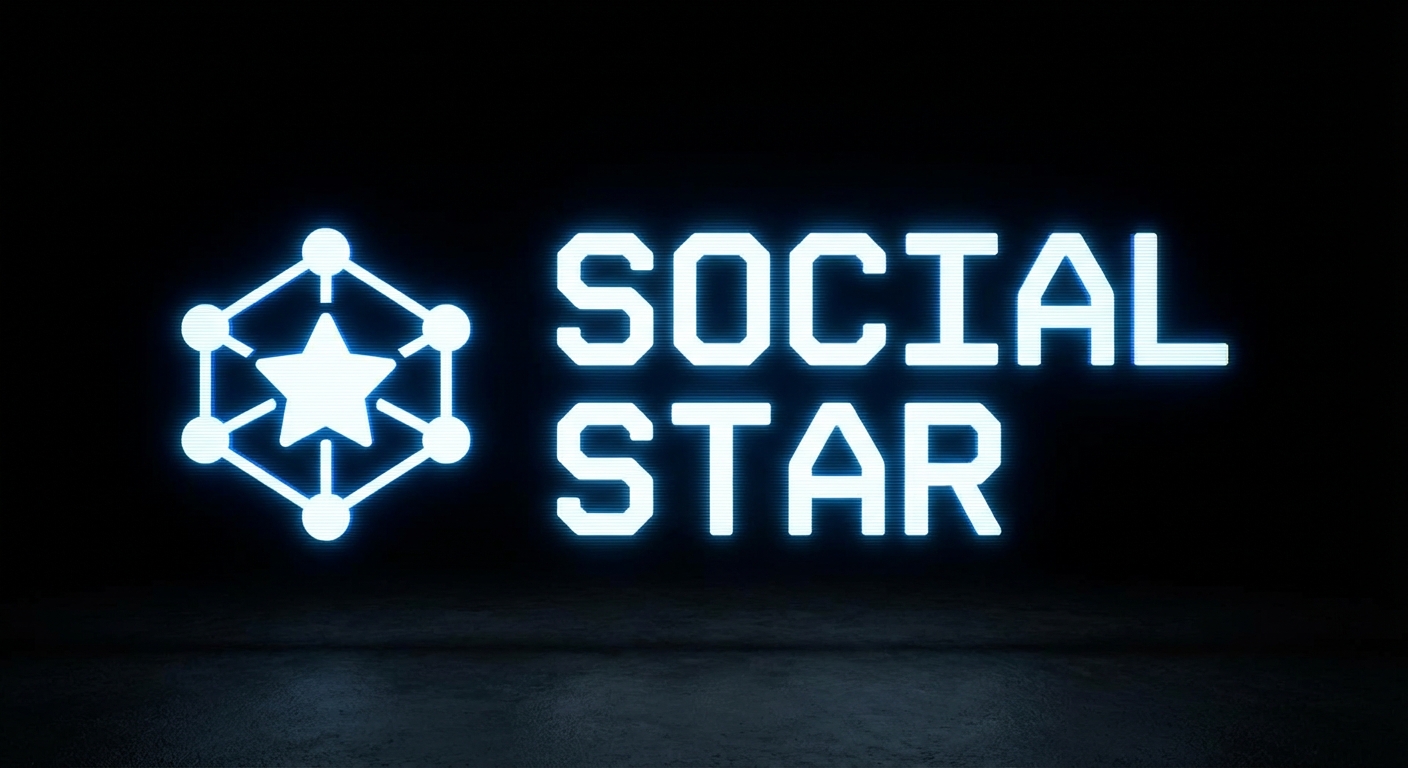 please generate this image with a black background and futuristic Monospace high fidelity studio quality text to the right of the icon saying "Social Star" each word on one line 