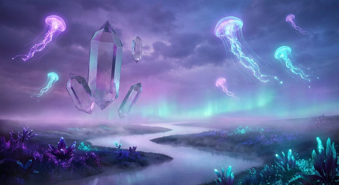 Surreal dreamscape with floating crystalline structures, bioluminescent jellyfish