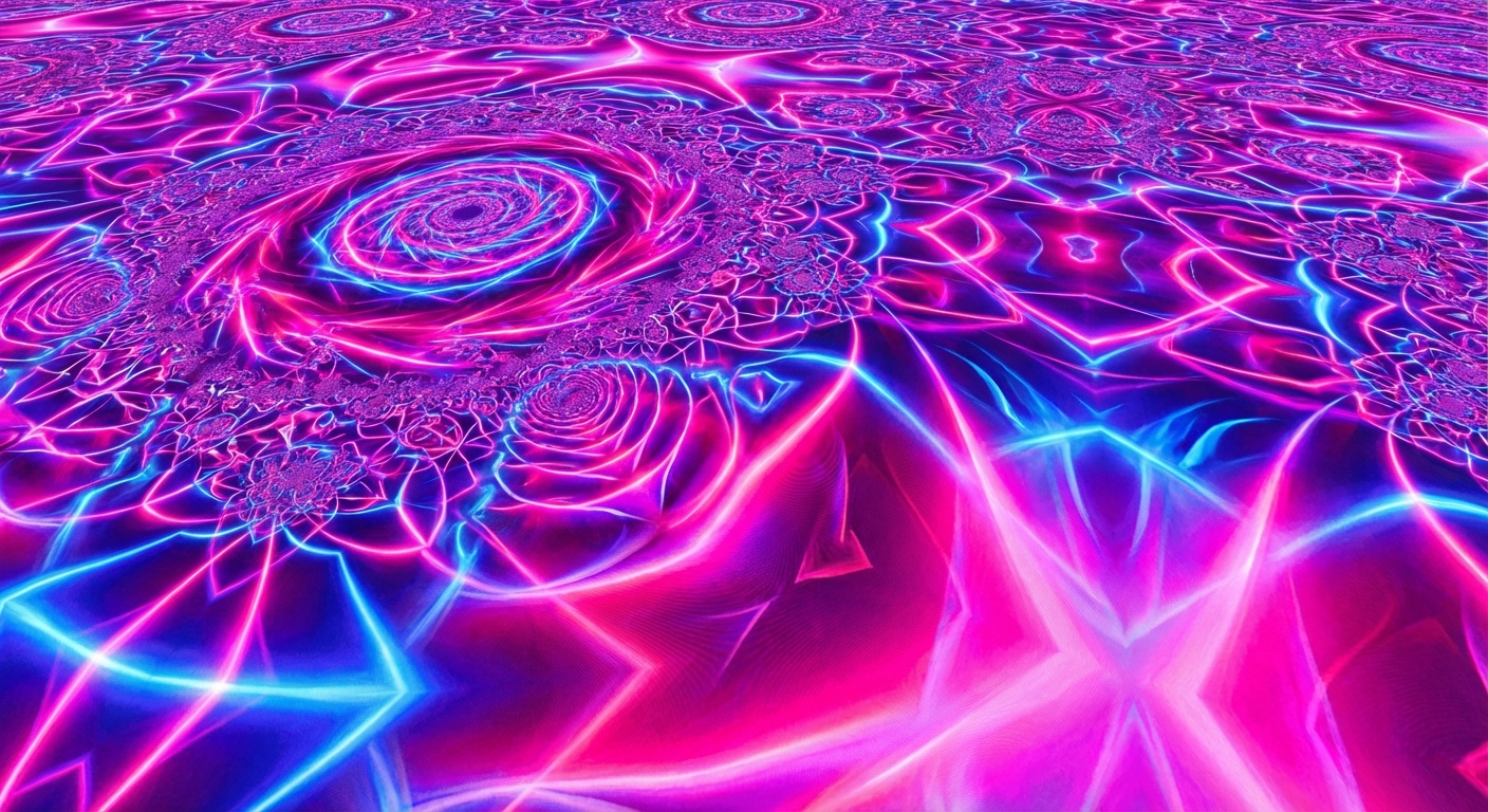 Psychedelic fractal art with intricate kaleidoscope patterns, neon pink and electric blue