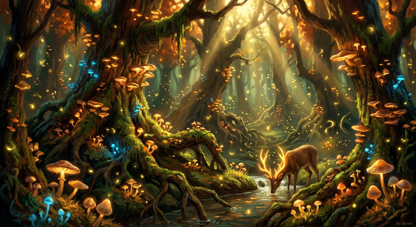 Fantasy digital painting of an enchanted forest with glowing mushrooms and fireflies