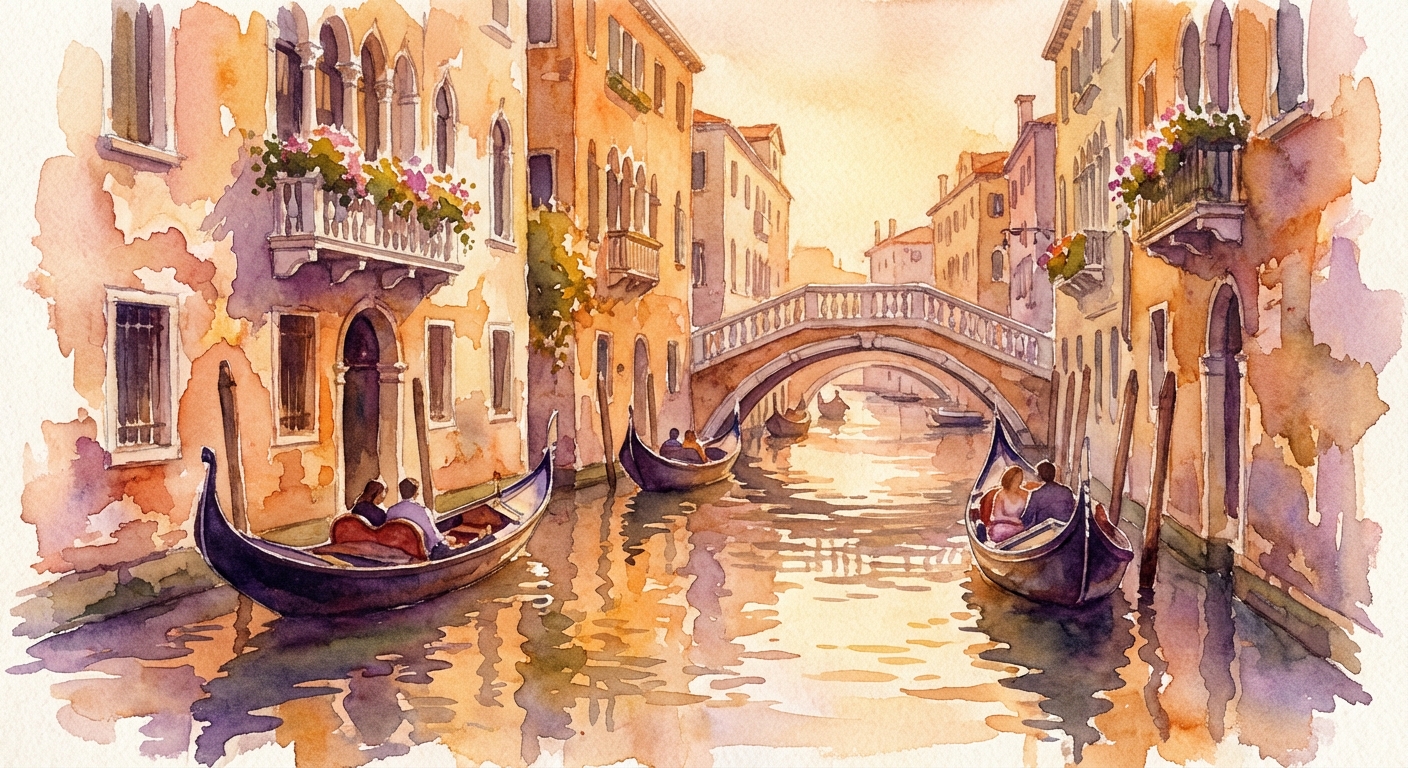 Watercolor illustration of a Venetian canal at golden hour, impressionist style
