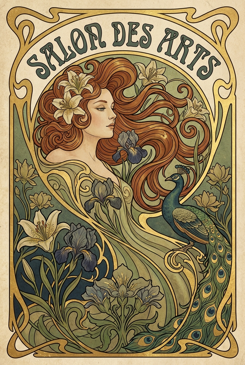 Art nouveau poster design with flowing organic lines, golden ornamental frame