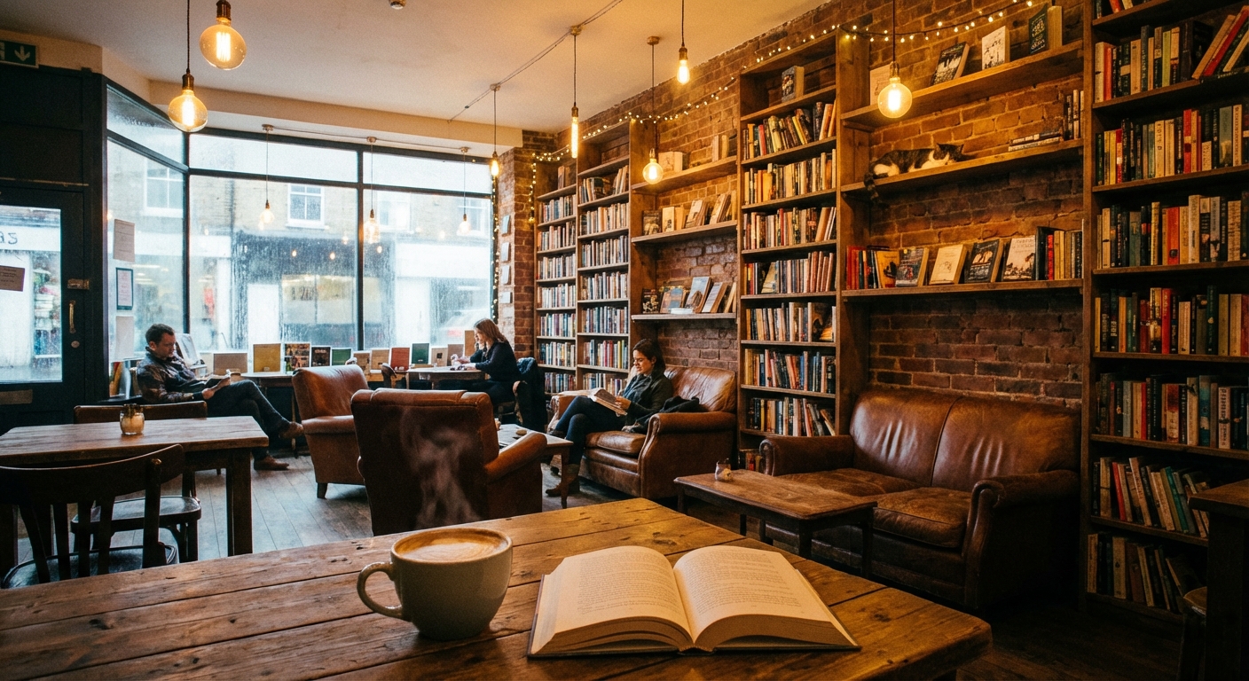 A cozy bookstore cafe interior with warm Edison bulb lighting, exposed brick walls