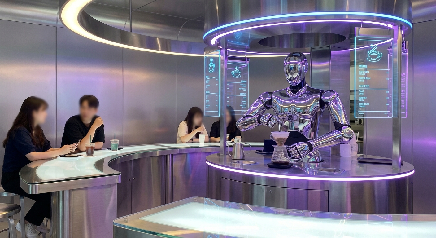 Futuristic robot barista making coffee in a sleek automated cafe