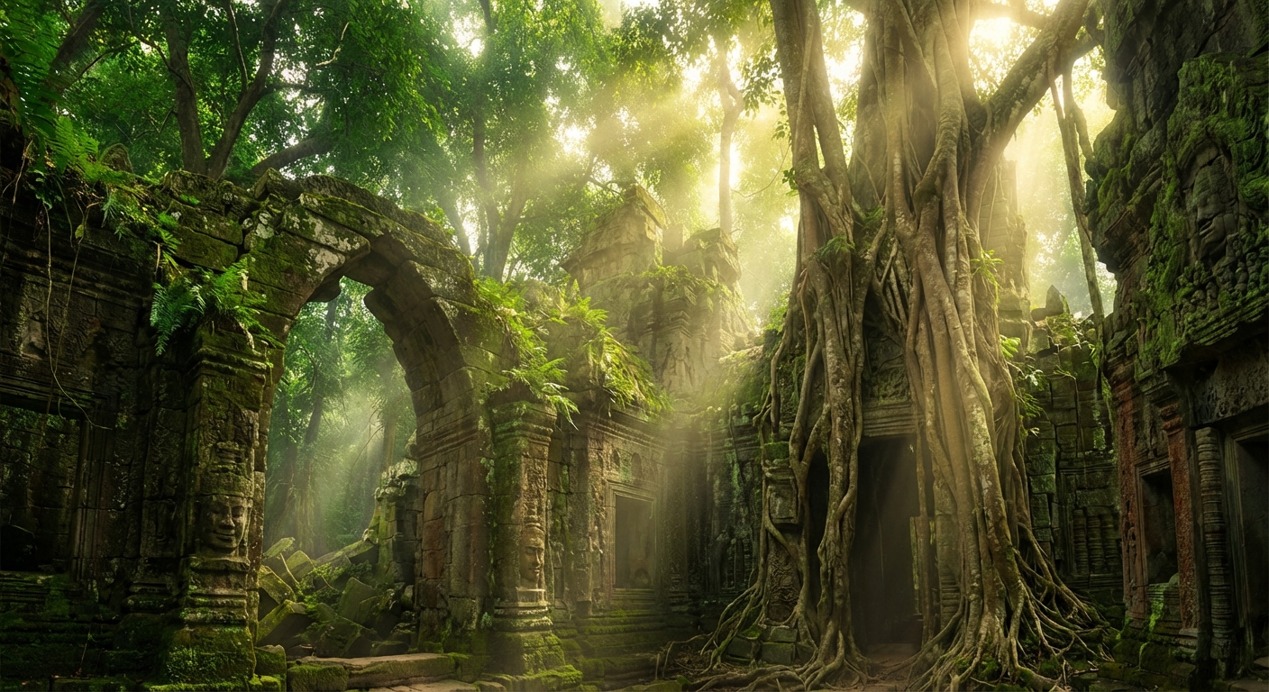 Ancient temple ruins overgrown with jungle vegetation, shafts of golden sunlight
