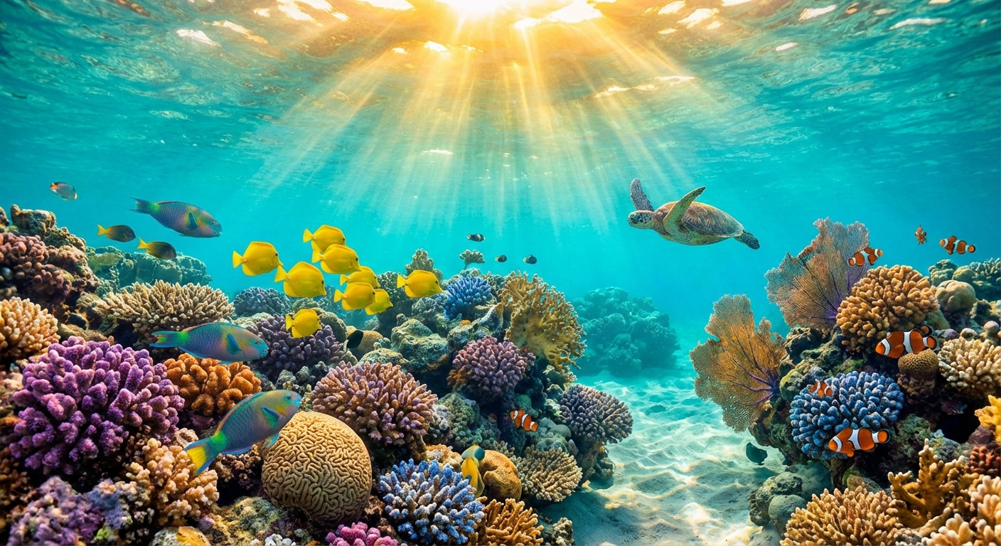 Underwater coral reef teeming with colorful tropical fish, sun rays filtering through