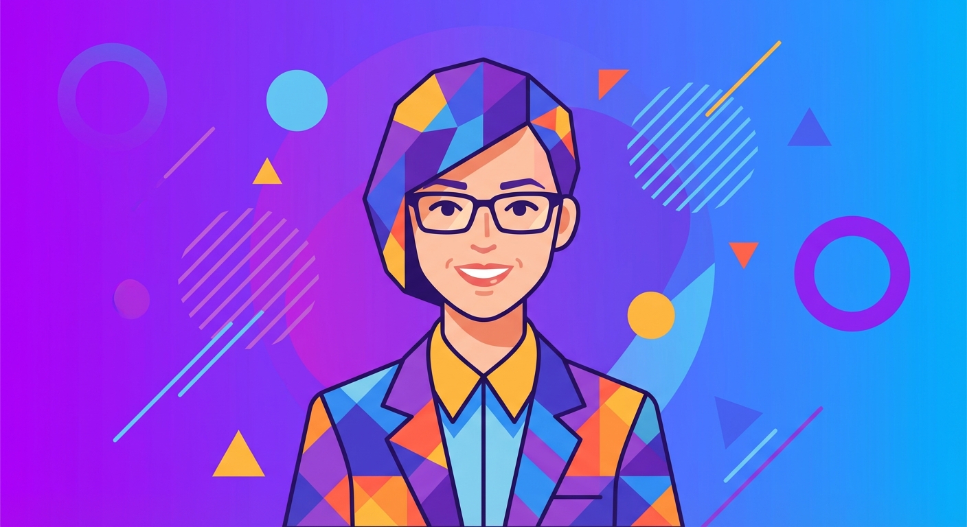 Stylized digital avatar portrait of a young professional, vibrant purple and blue gradient