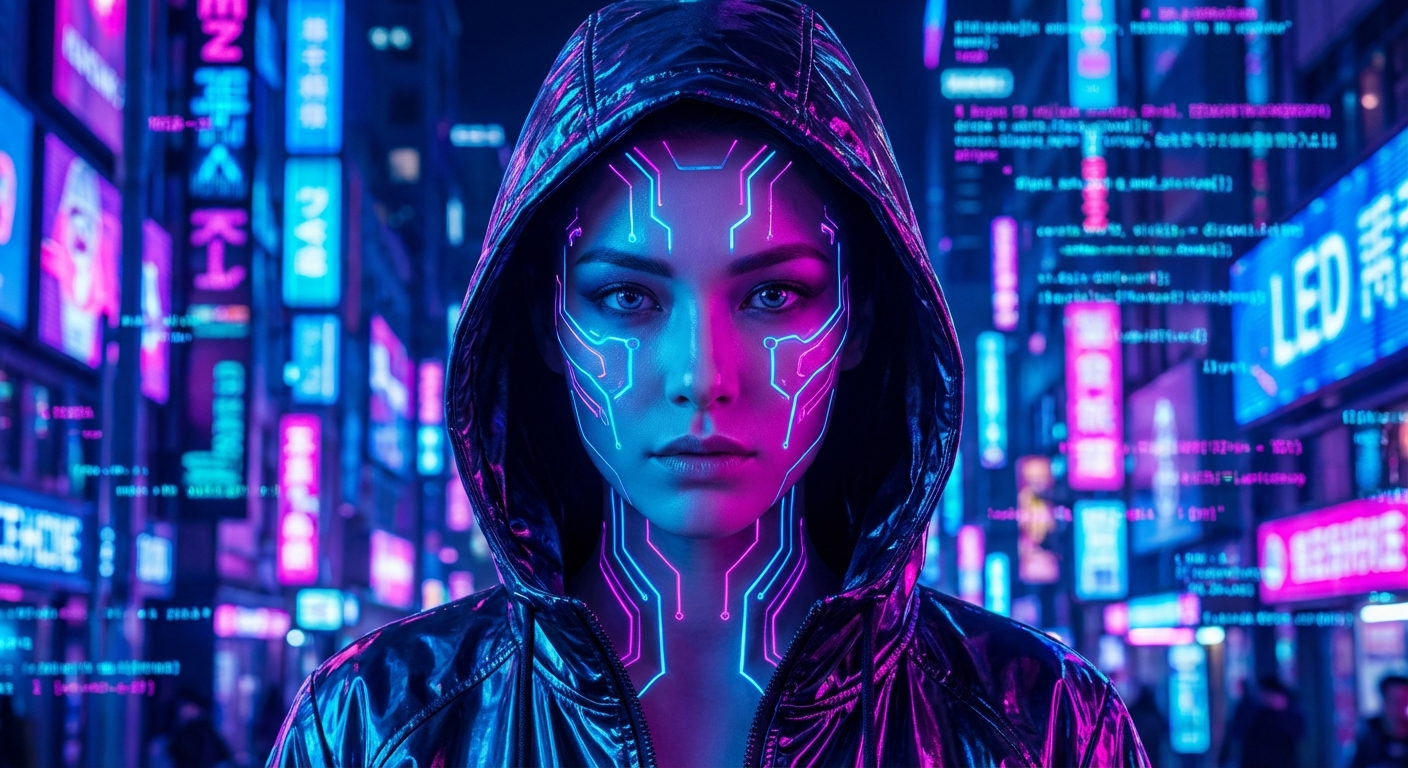 Cyberpunk neon avatar portrait, character with glowing circuit patterns on face
